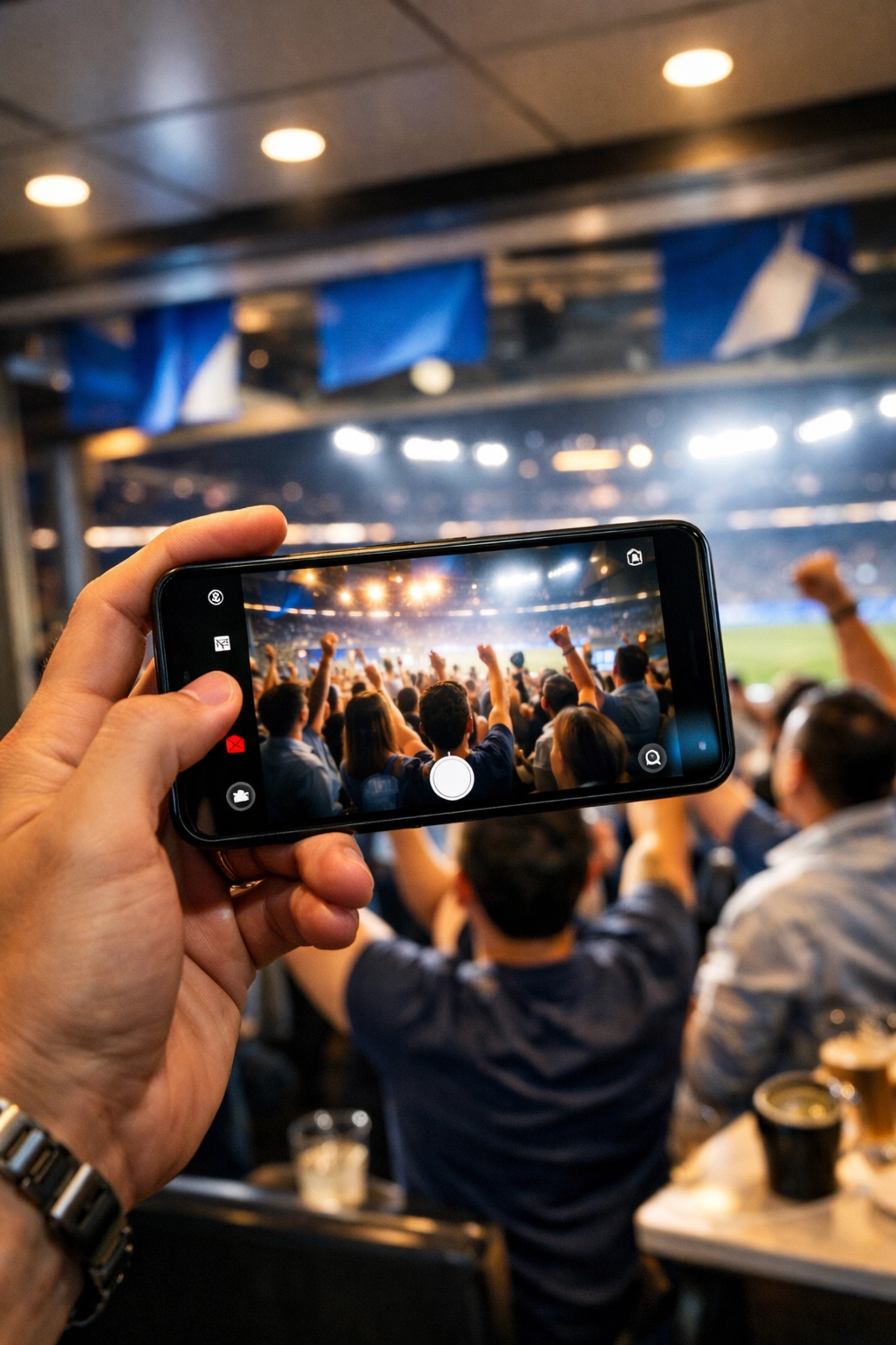 Smartphone capturing live social media content at a high-energy Super Bowl corporate event.