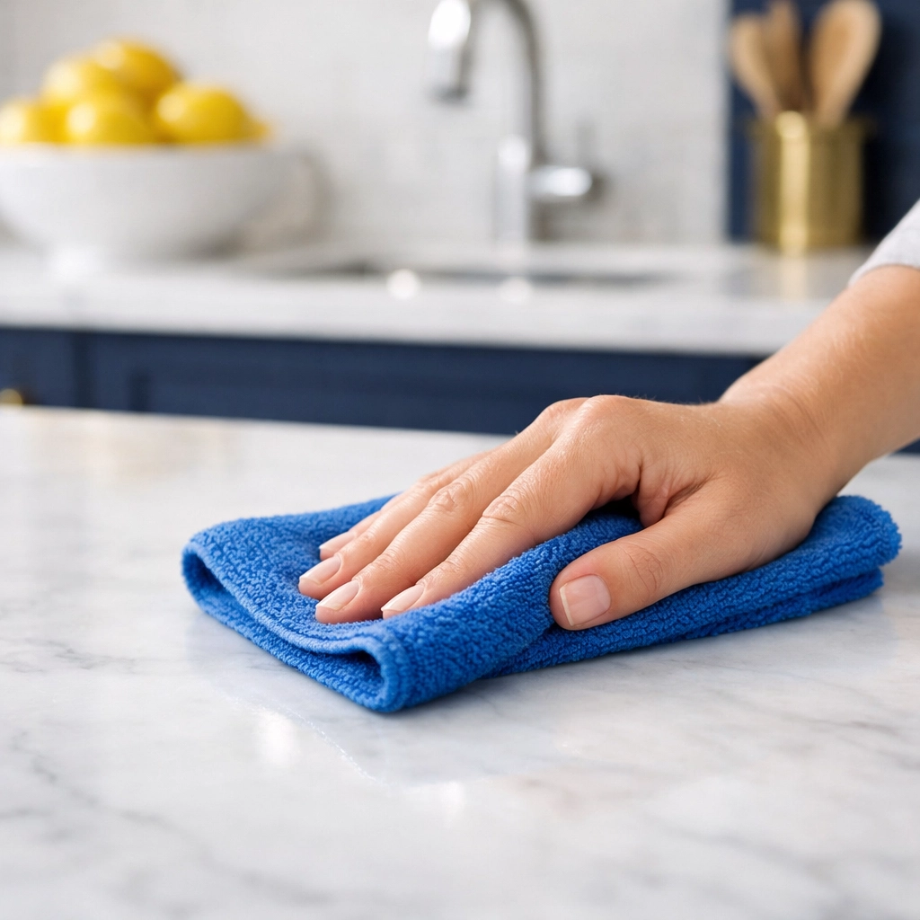 Streak-free marble countertop cleaned with a microfiber cloth during a house cleaning in Townsend MA.