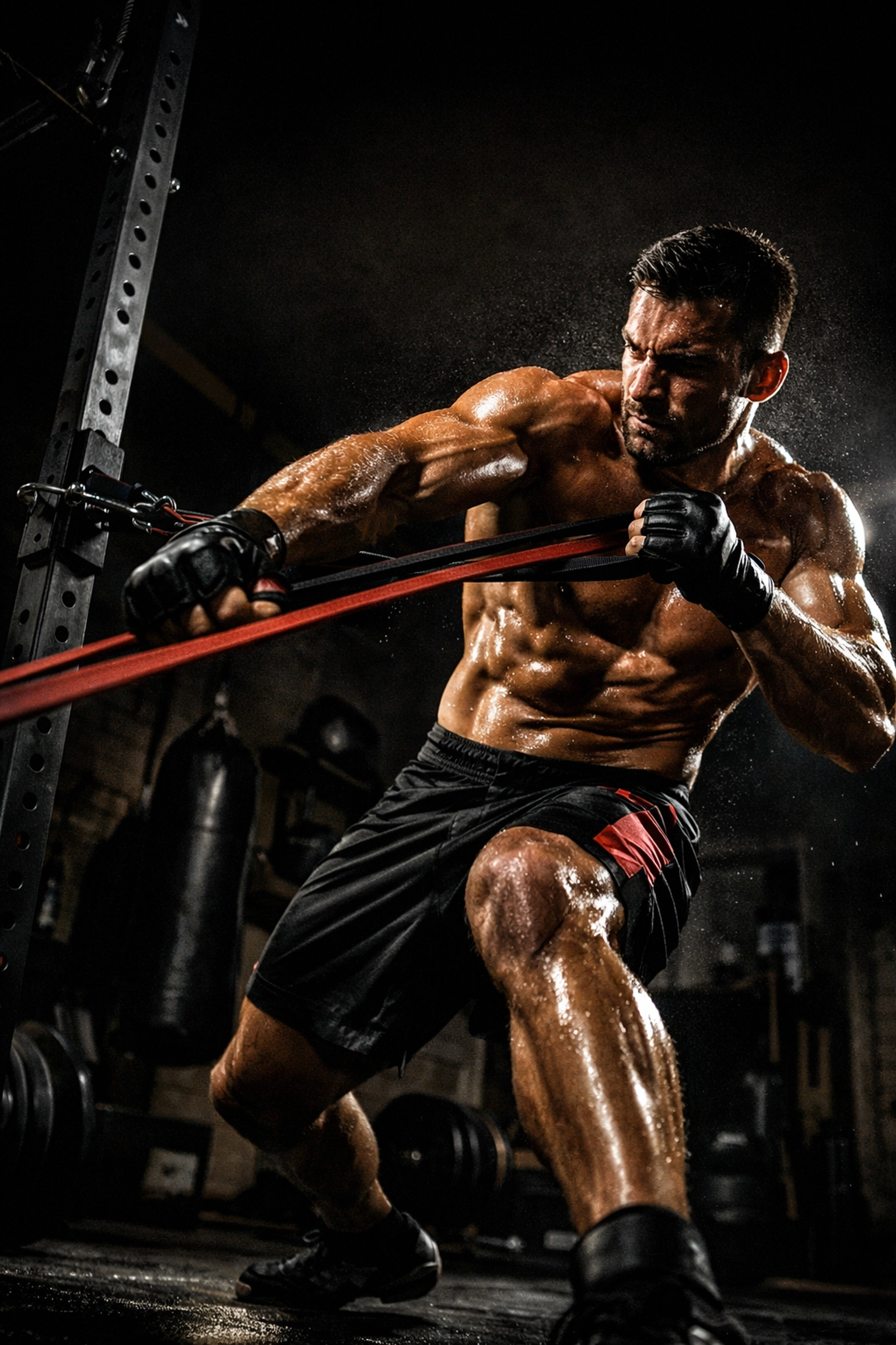 MMA fighter performing explosive resistance training using a vertical floor to ceiling rail system.
