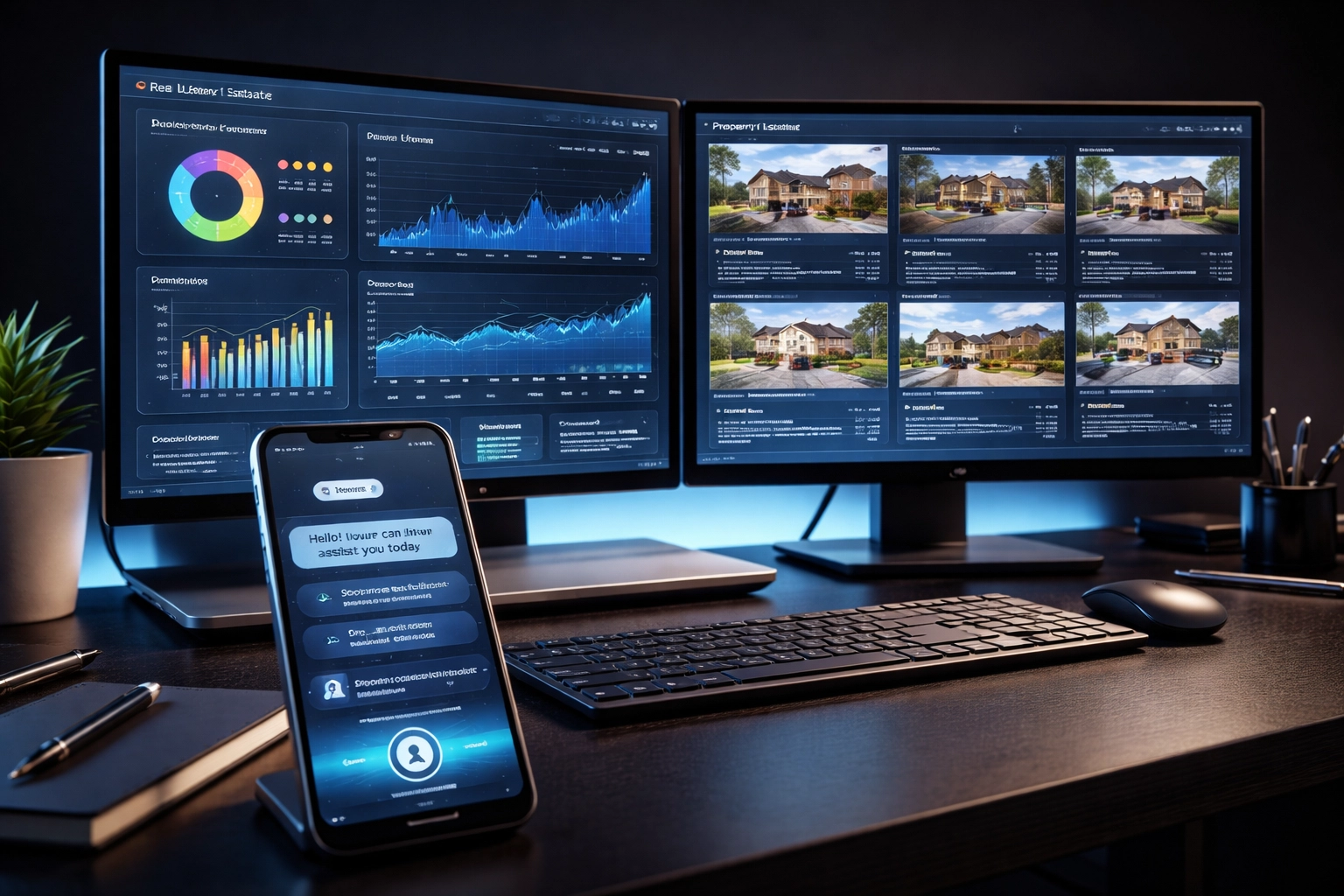 Real estate agent's desk with data dashboards and AI chatbot, showcasing advanced AI lead generation tools