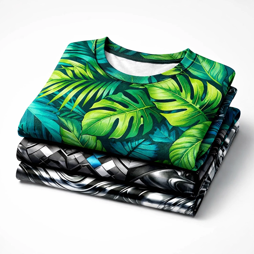 Folded stack of vibrant all-over print t-shirts showcasing custom sublimation patterns and textures.