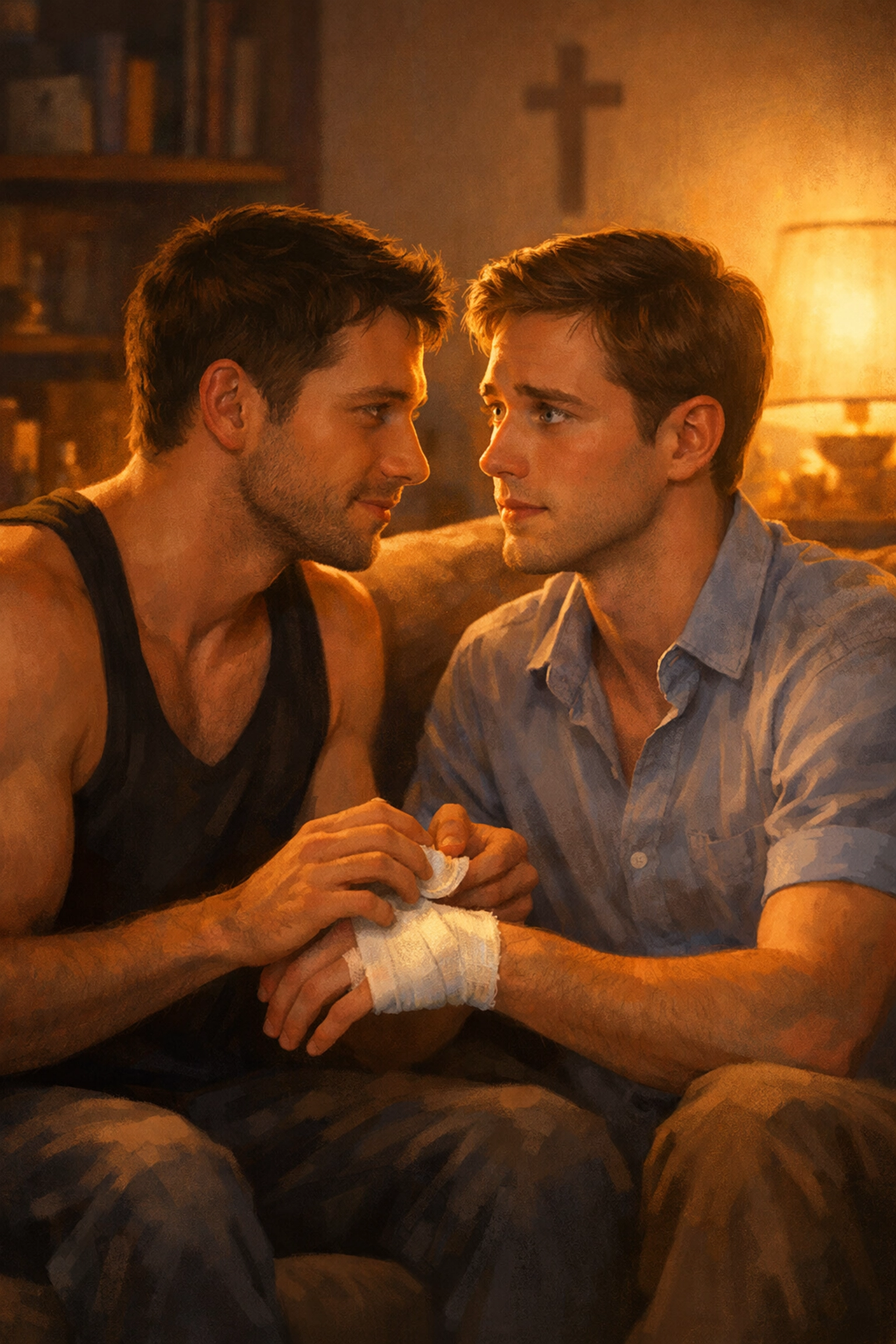 Christian tenderly caring for Aaron in intimate moment from MM romance film Latter Days