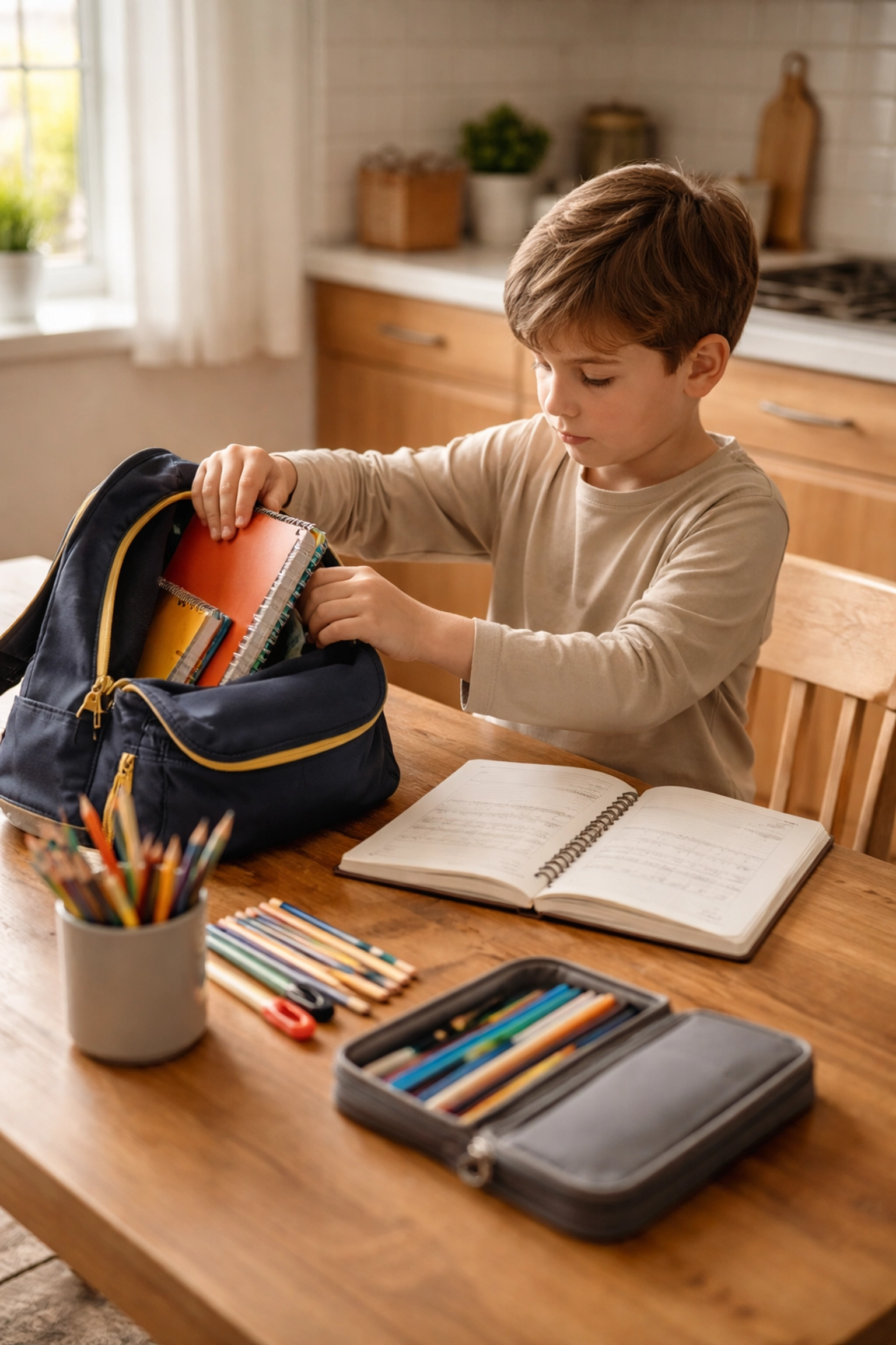Kind van 8 jaar pakt zelfstandig huiswerkspullen en agenda aan keukentafel voor huiswerkbegeleiding