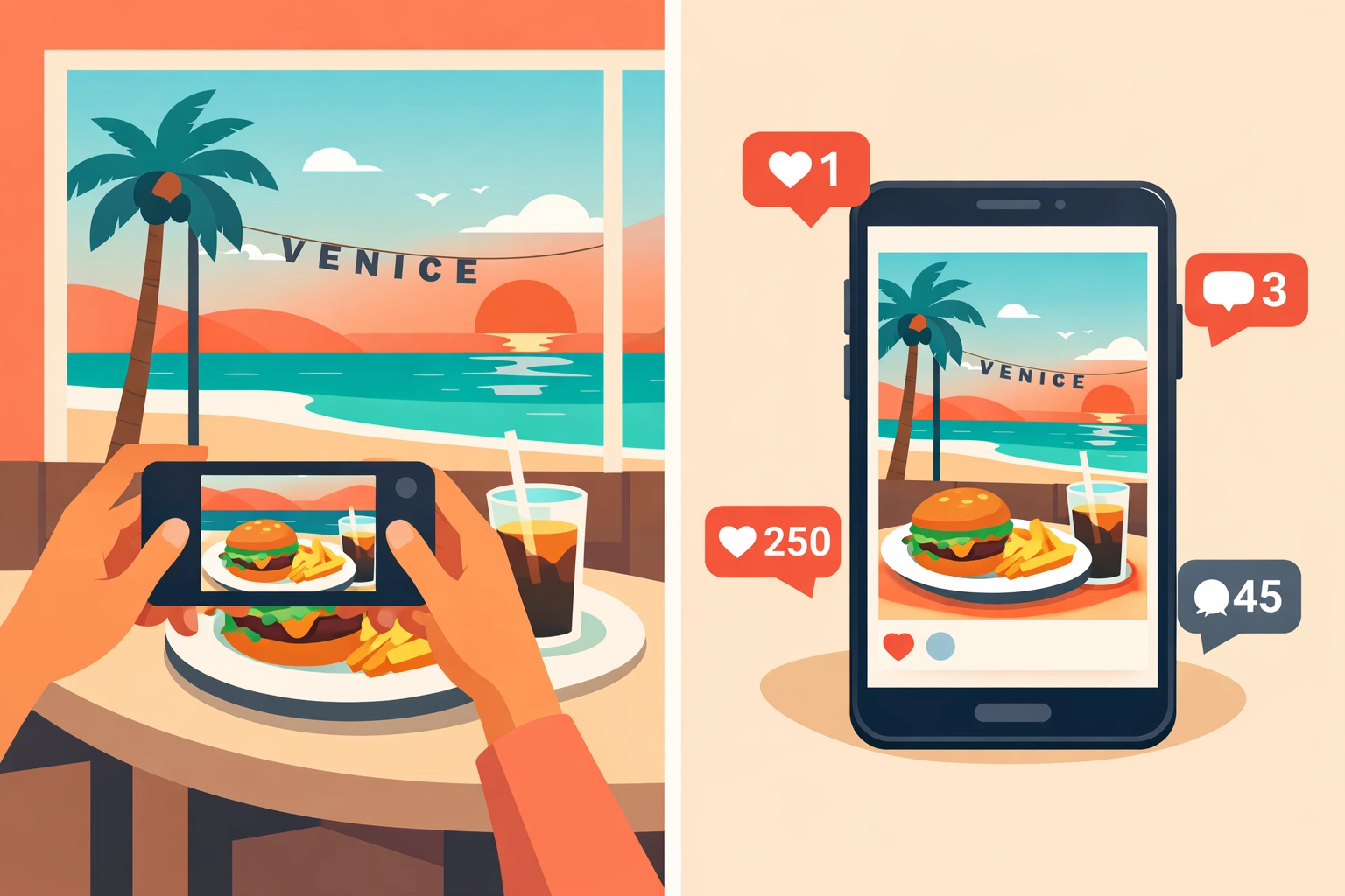 Customer sharing Venice restaurant meal photo on Instagram creating user-generated content