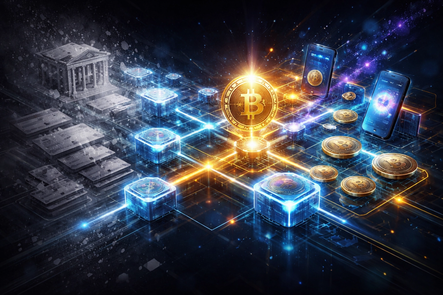 Digital payment ecosystem contrasting fading traditional banks and vibrant blockchain-based Web3 solutions for merchants