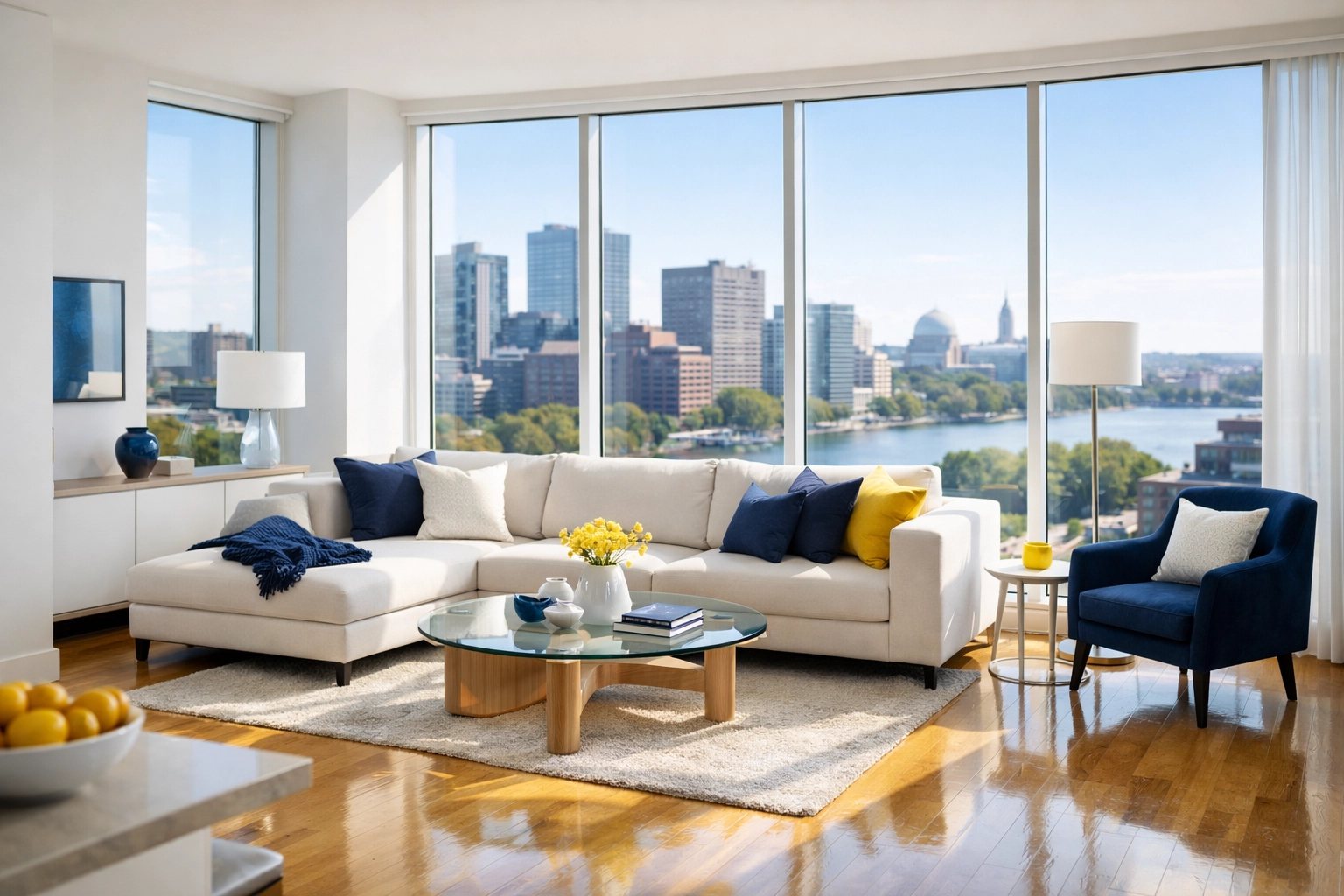 Clean living room in a modern Cambridge apartment with polished floors after a professional maid service visit.