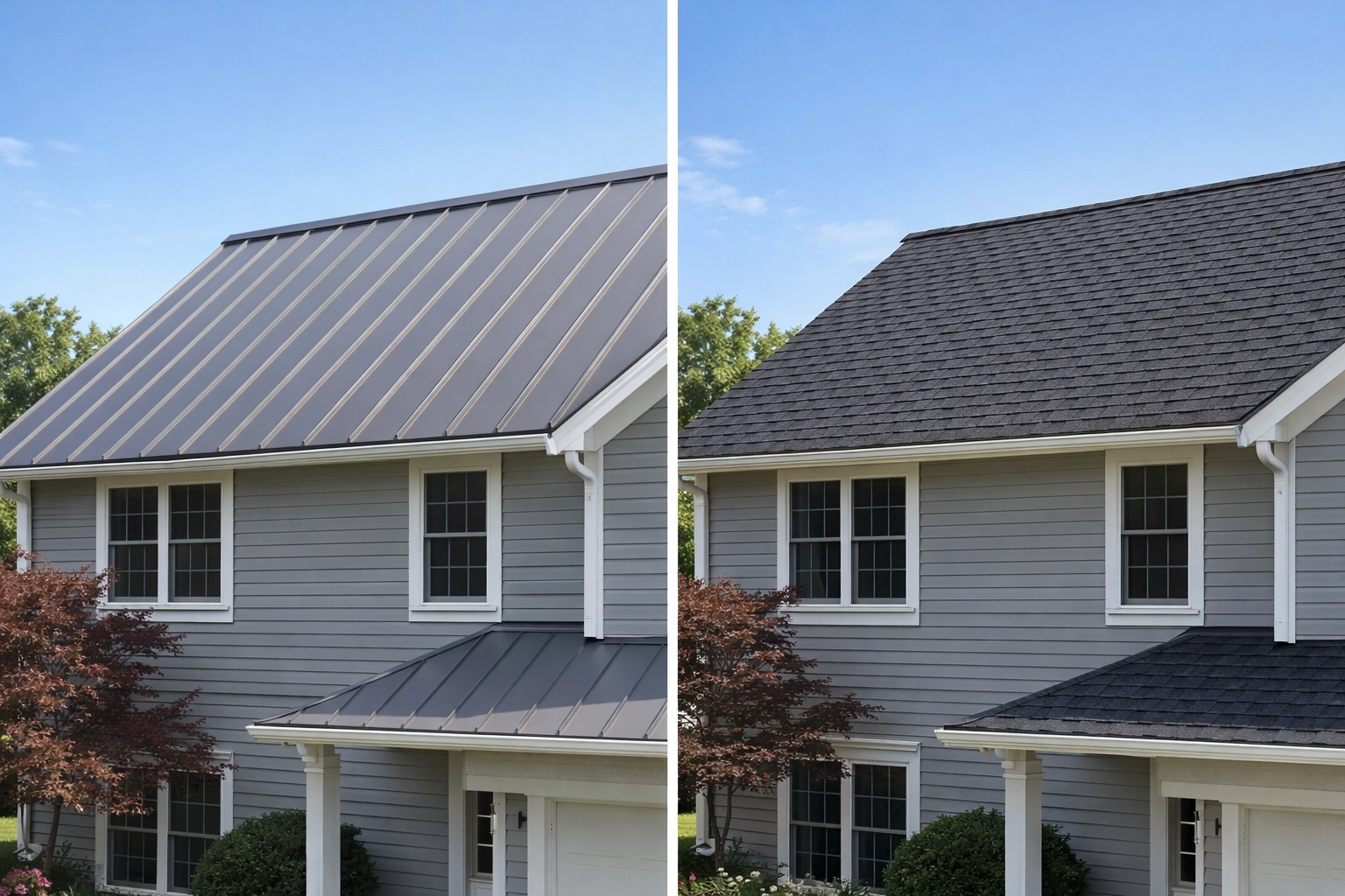 Realistic residential comparison of a standing seam metal roof vs. architectural asphalt shingles on suburban homes.