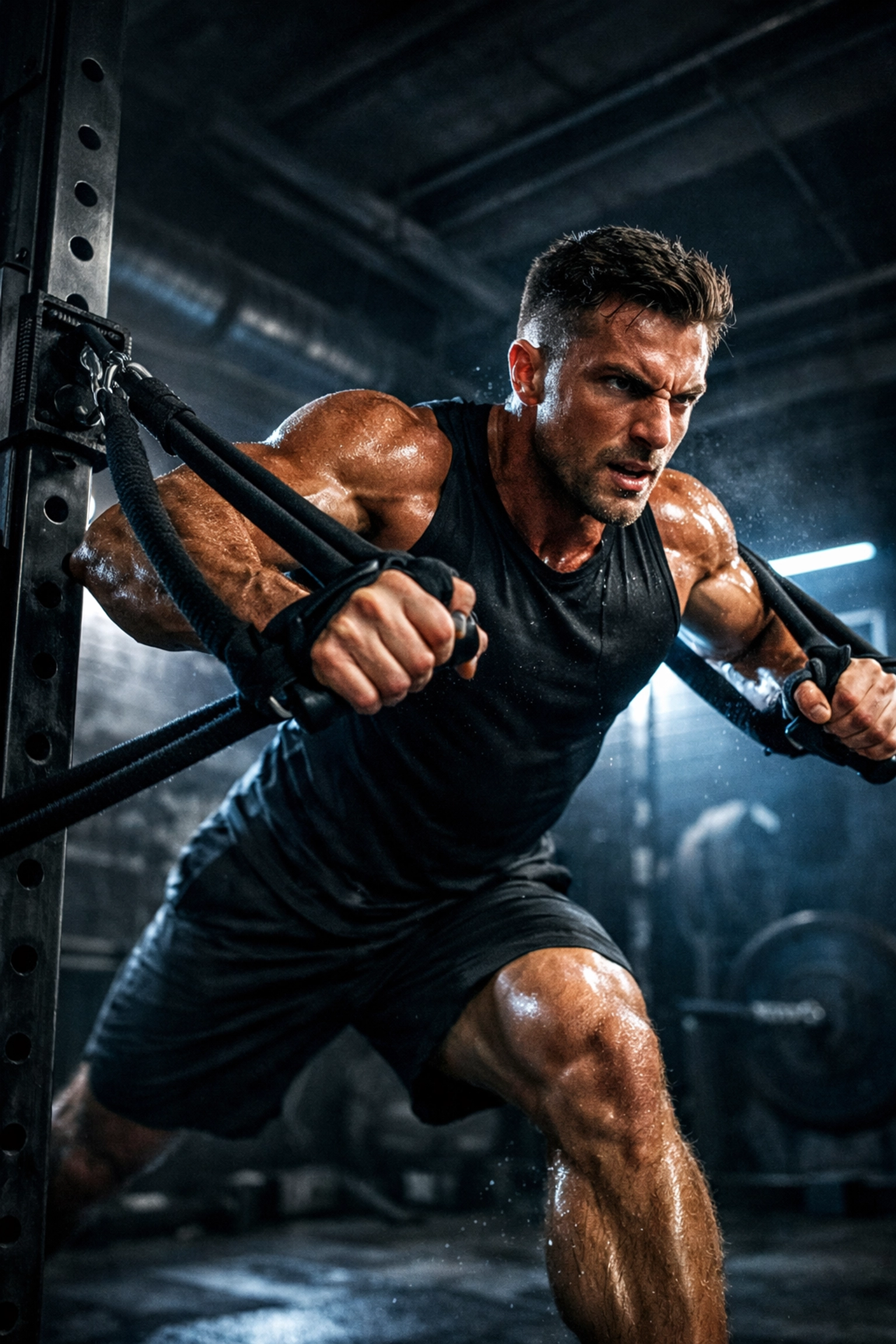 Athlete performing resistance training with heavy bands anchored to a CrossFit home gym rail system.