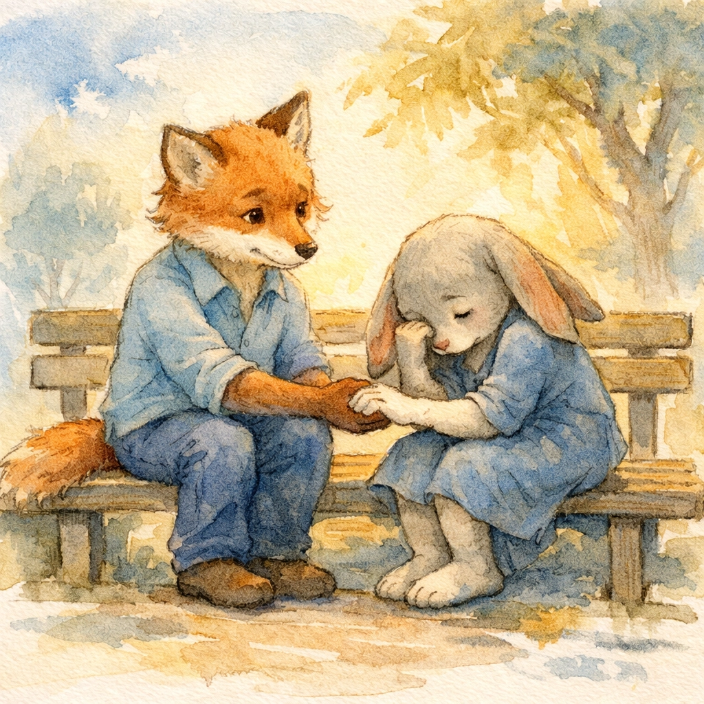 Fox helping rabbit on bench depicting Christian values of compassion and grace toward others