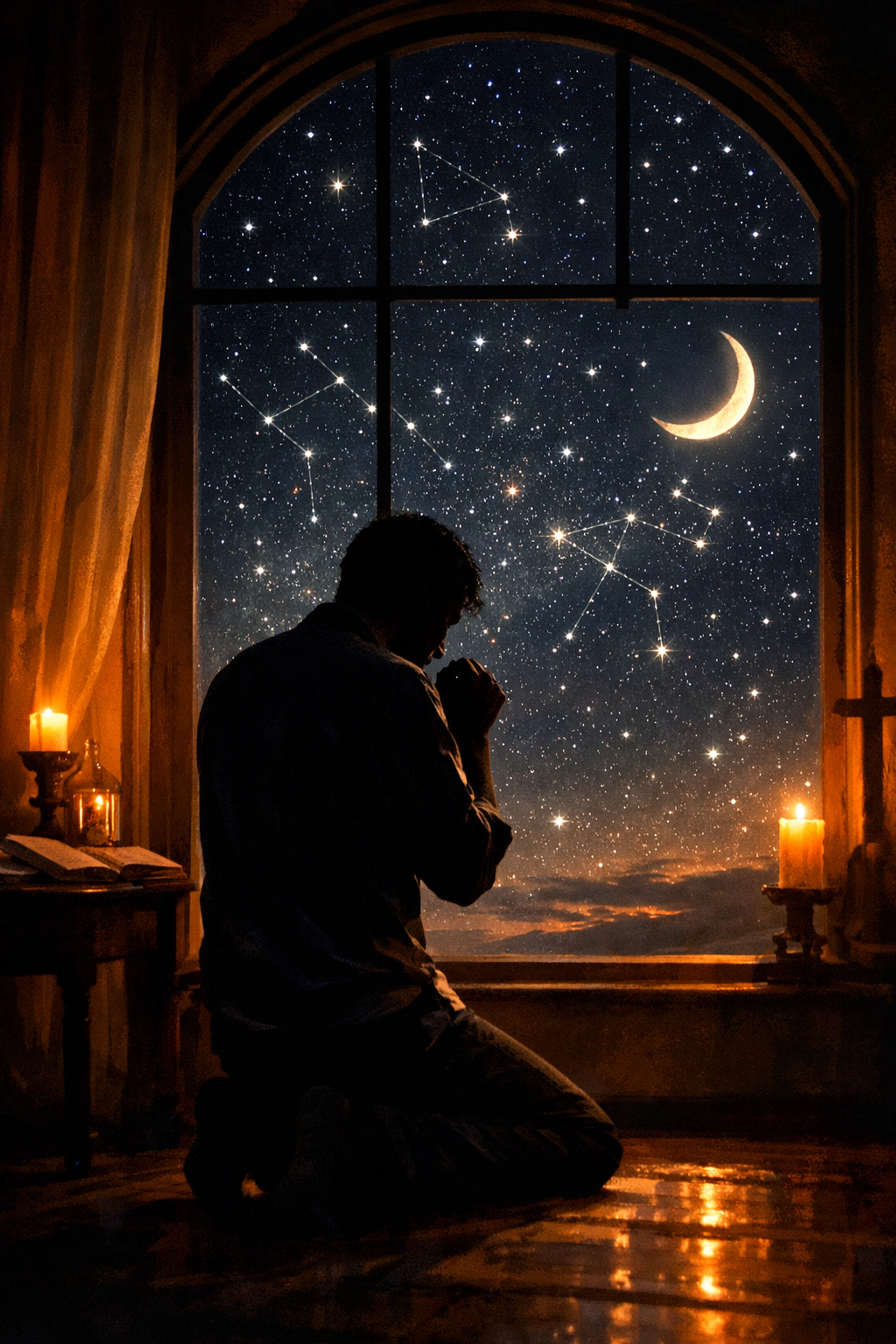 Person kneeling in prayer by window under starry night sky seeking God's peace