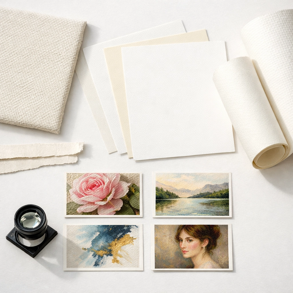 Fine art printing materials including textured canvas and archival paper samples