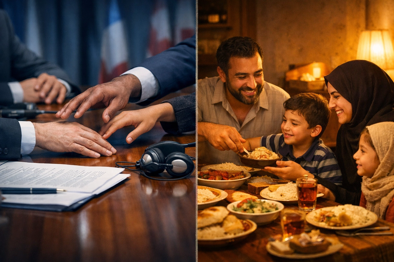 Diplomatic negotiations in Geneva contrasted with Middle Eastern family during Iran nuclear talks