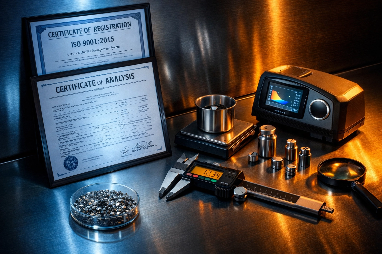 FDA and GMP certification documents with quality testing equipment for supplement manufacturers