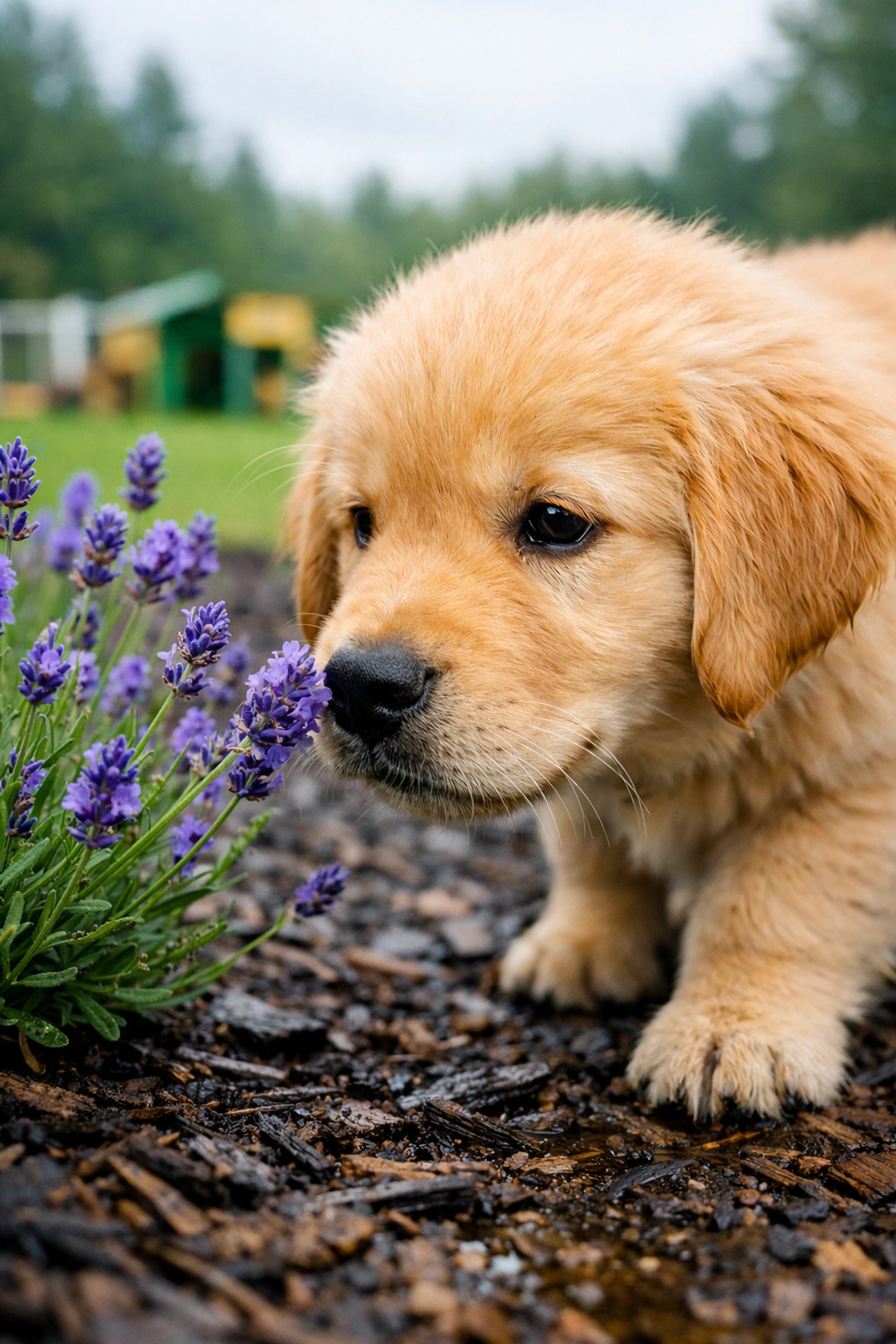 Golden Retriever puppy exploring the outdoor sensory garden at Green Acres K-9 Resort in Boring, Oregon.