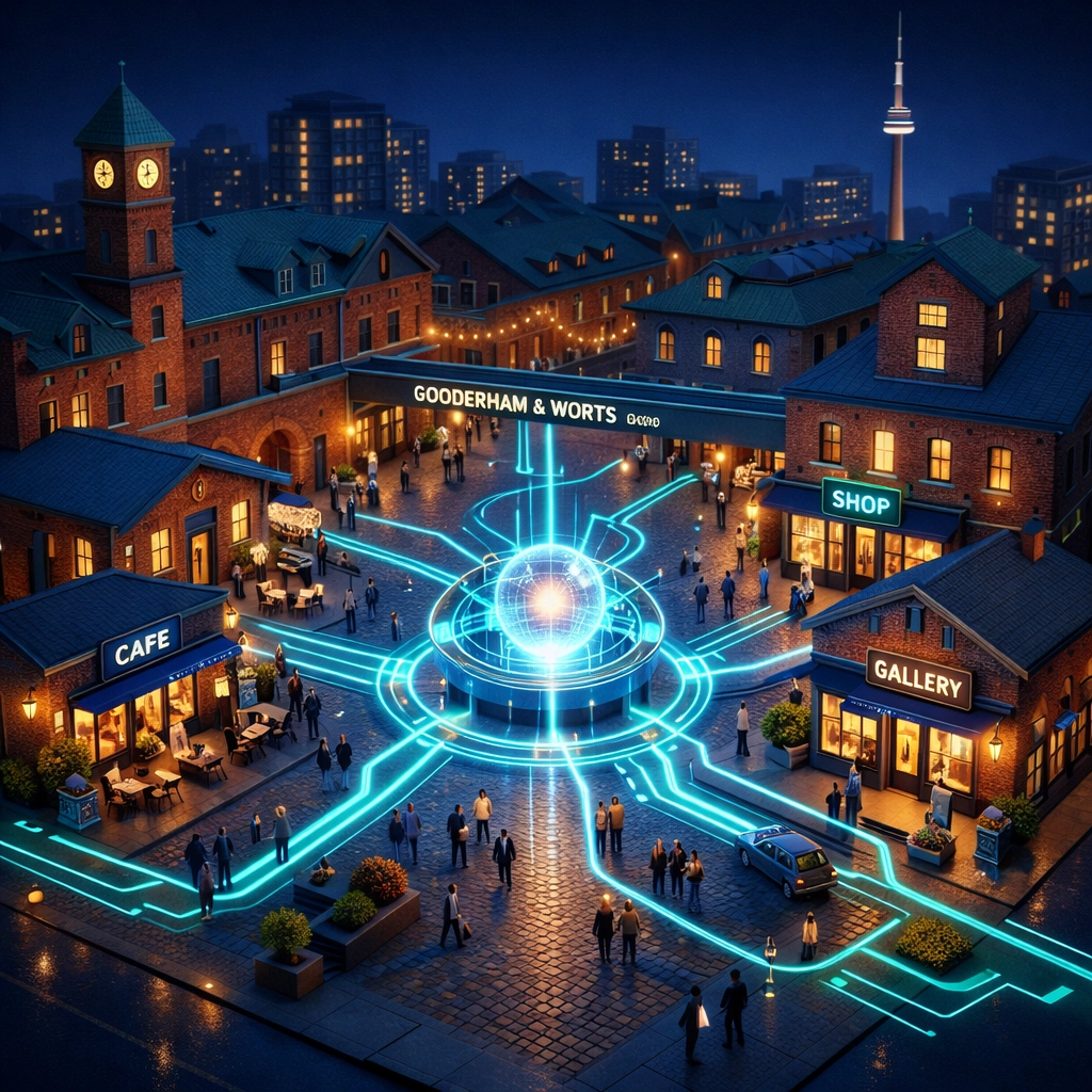 Digital connectivity map over a Toronto neighborhood showcasing Local SEO Toronto results for businesses.