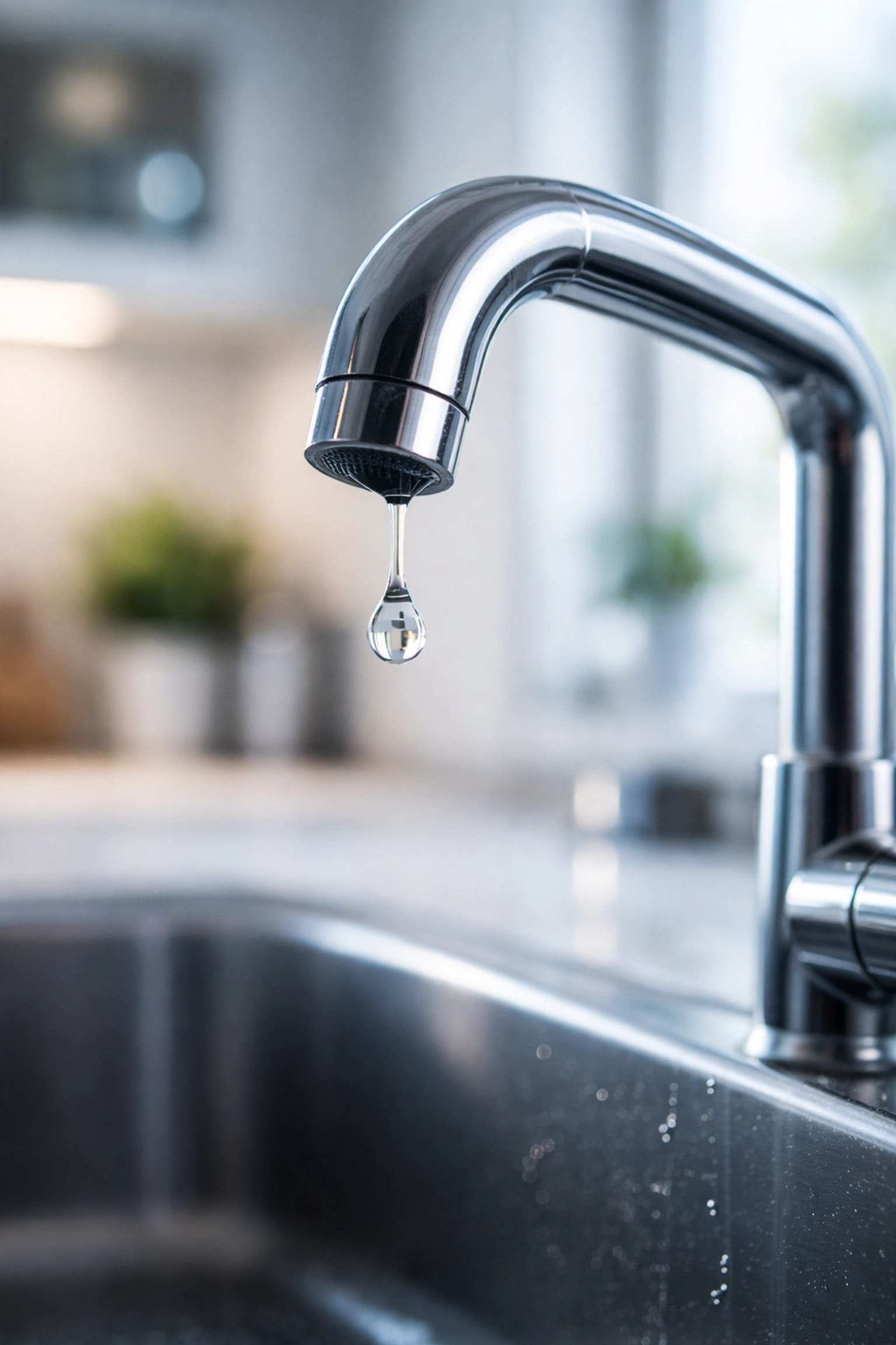 Close-up of kitchen faucet with a single dripping water droplet, highlighting the cost of plumbing leaks