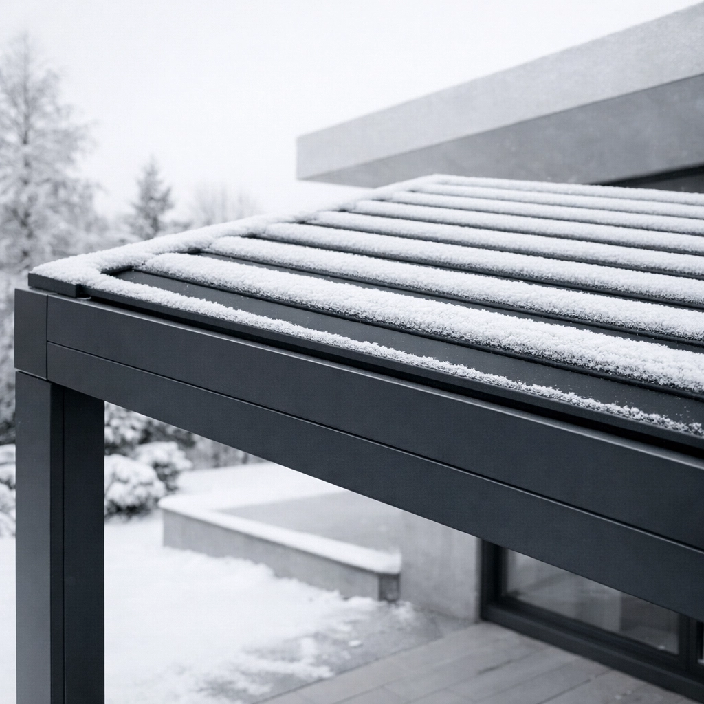 Stabiles Lamellendach in Wien mit Schneehaube zur Veranschaulichung der Schneelast-Statik.