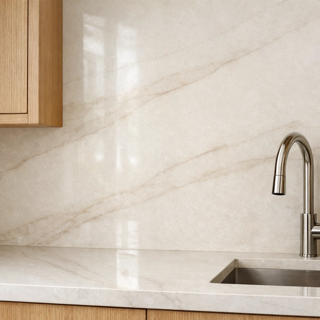 Seamless quartz slab backsplash in modern Orlando kitchen with continuous countertop design