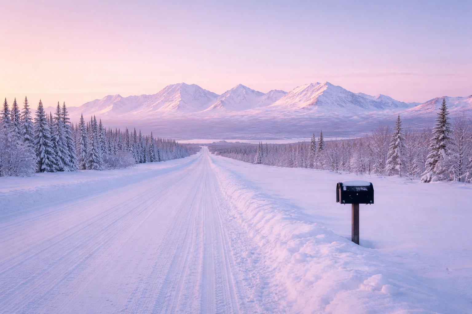 Snow-covered Alaskan road and mountains at sunset, symbolizing secure document notarization in remote Alaska communities.