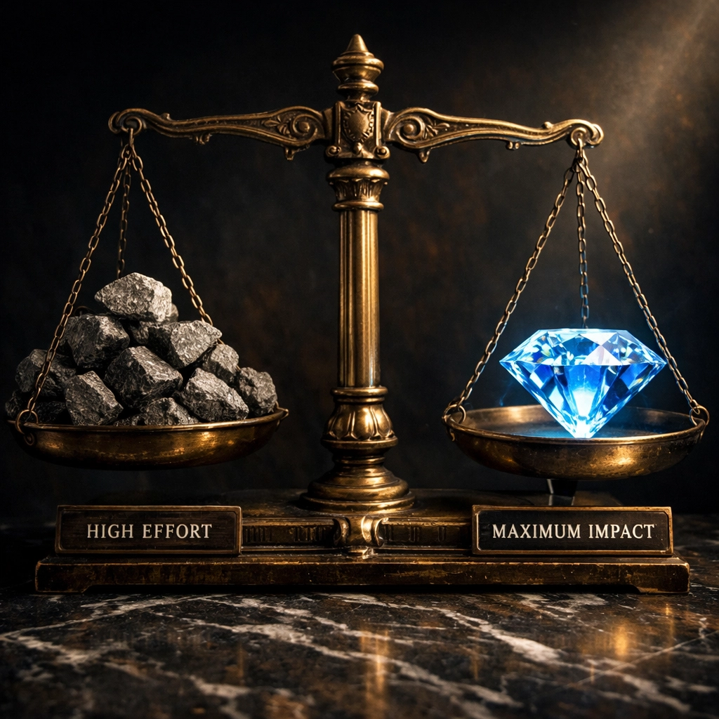 A balance scale prioritizing high-impact digital transformation goals over high-effort, low-value tasks.