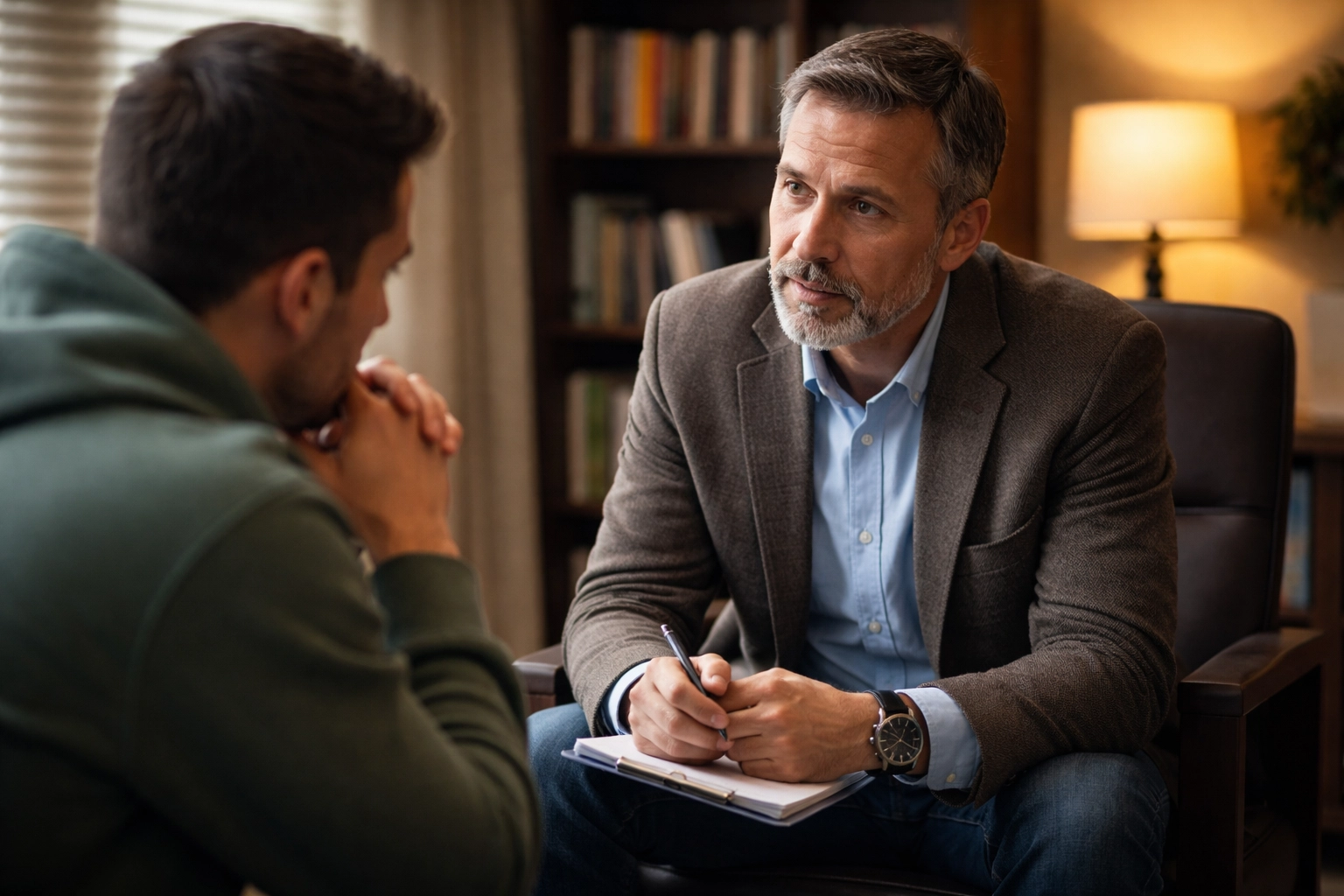 Pastor and client in private counseling session, illustrating one-on-one support in Maryland deliverance ministry