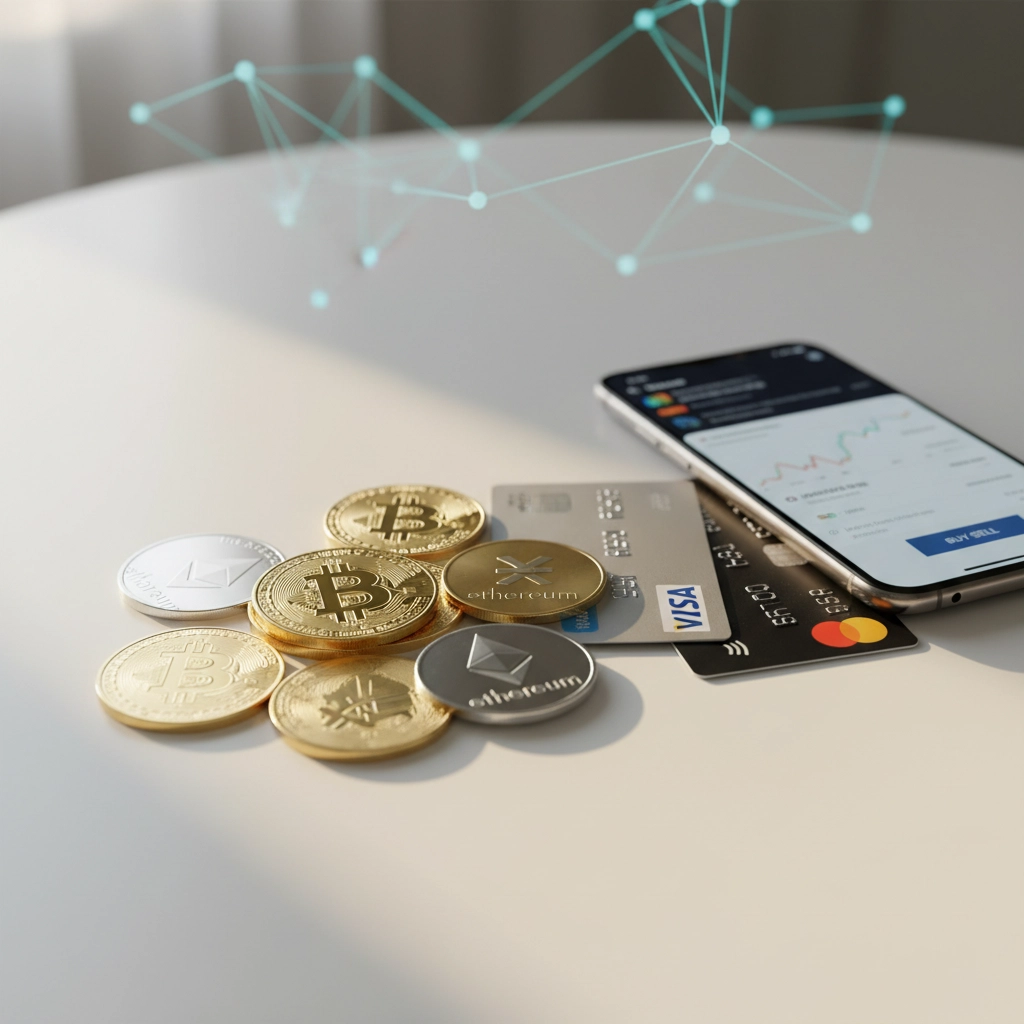 Cryptocurrency coins and credit cards lie on a table beside a smartphone displaying a financial app. Blue network lines hover above.