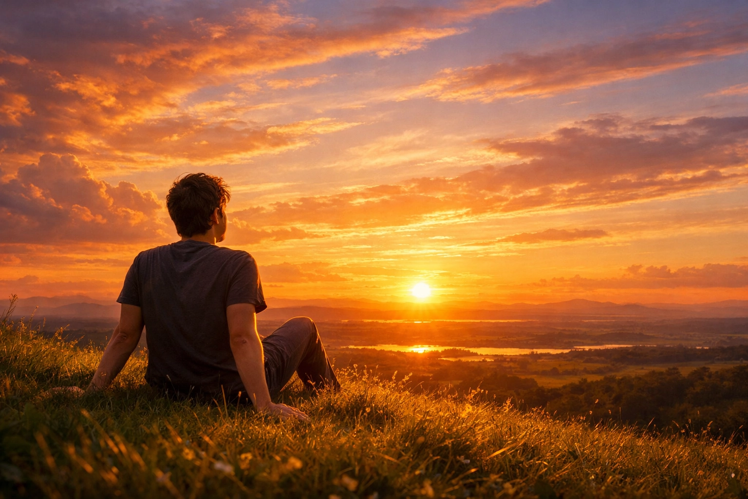 A person finding peace and hope in God's presence while sitting alone on a hill during a golden sunset.