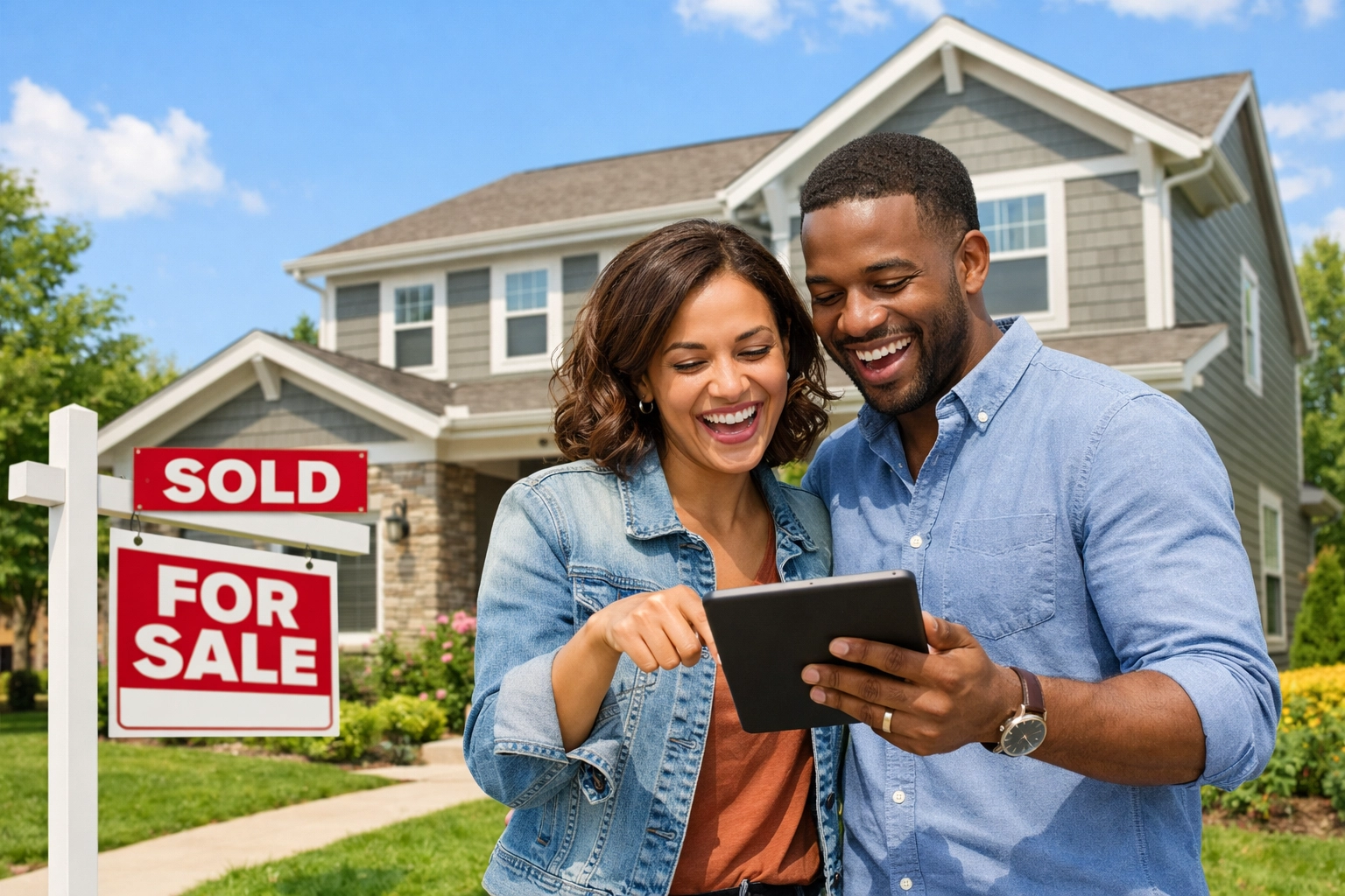 Happy couple with tablet in front of their new Prince William County home with sold sign