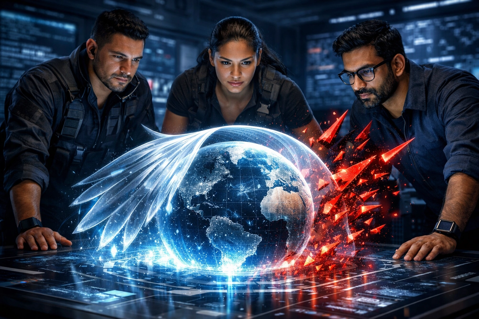 Diverse cybersecurity team using Project Glasswing to defend against AI-driven cyber vulnerabilities.