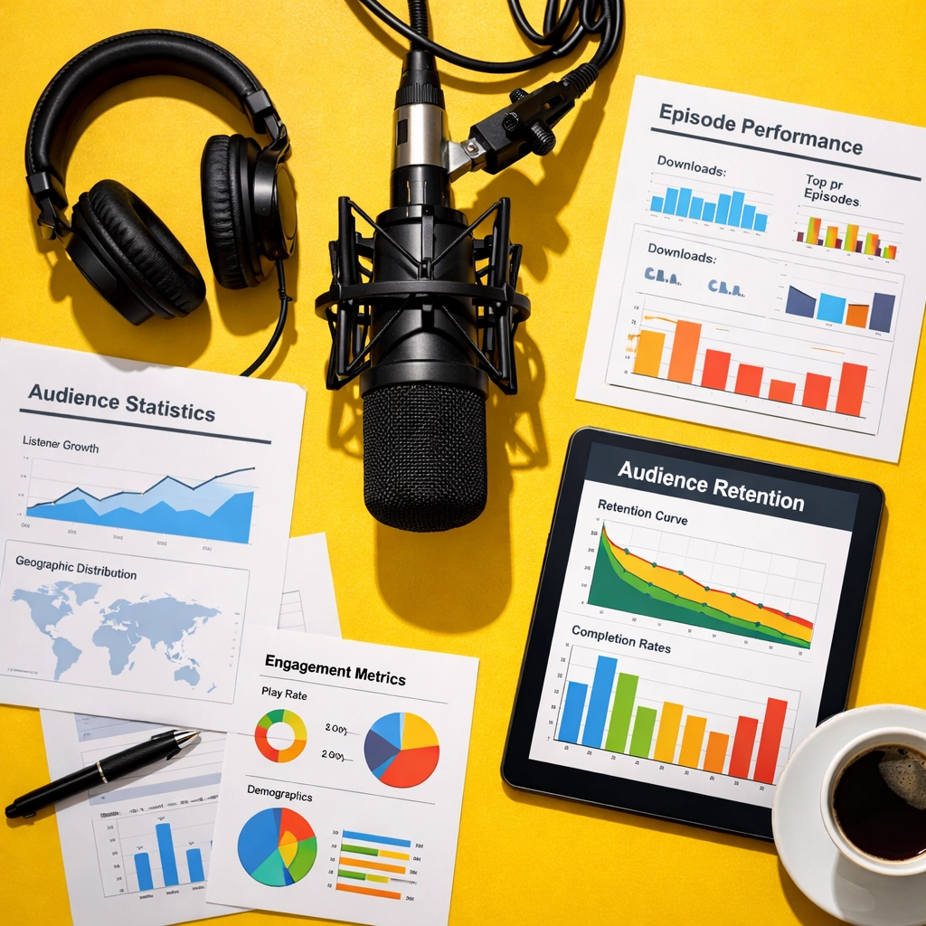 Podcast recording setup with analytics data and retention graphs for tracking show improvement