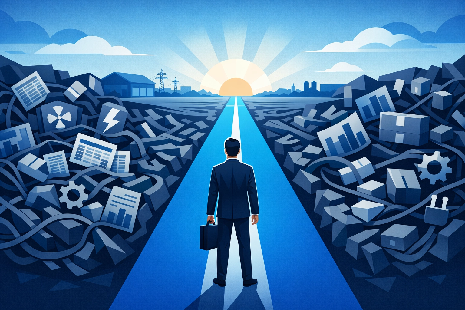 A strategic path leading an industrial distributor out of a spreadsheet maze toward modern ERP efficiency.