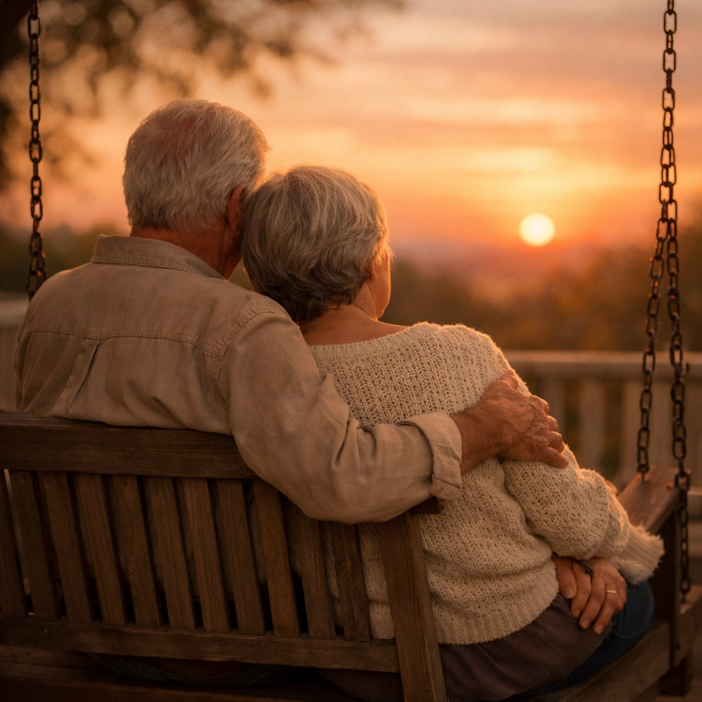 Senior couple peacefully holding hands at sunset, planning their final expense insurance together Senior couple peacefully holding hands at sunset, planning their final expense insurance together