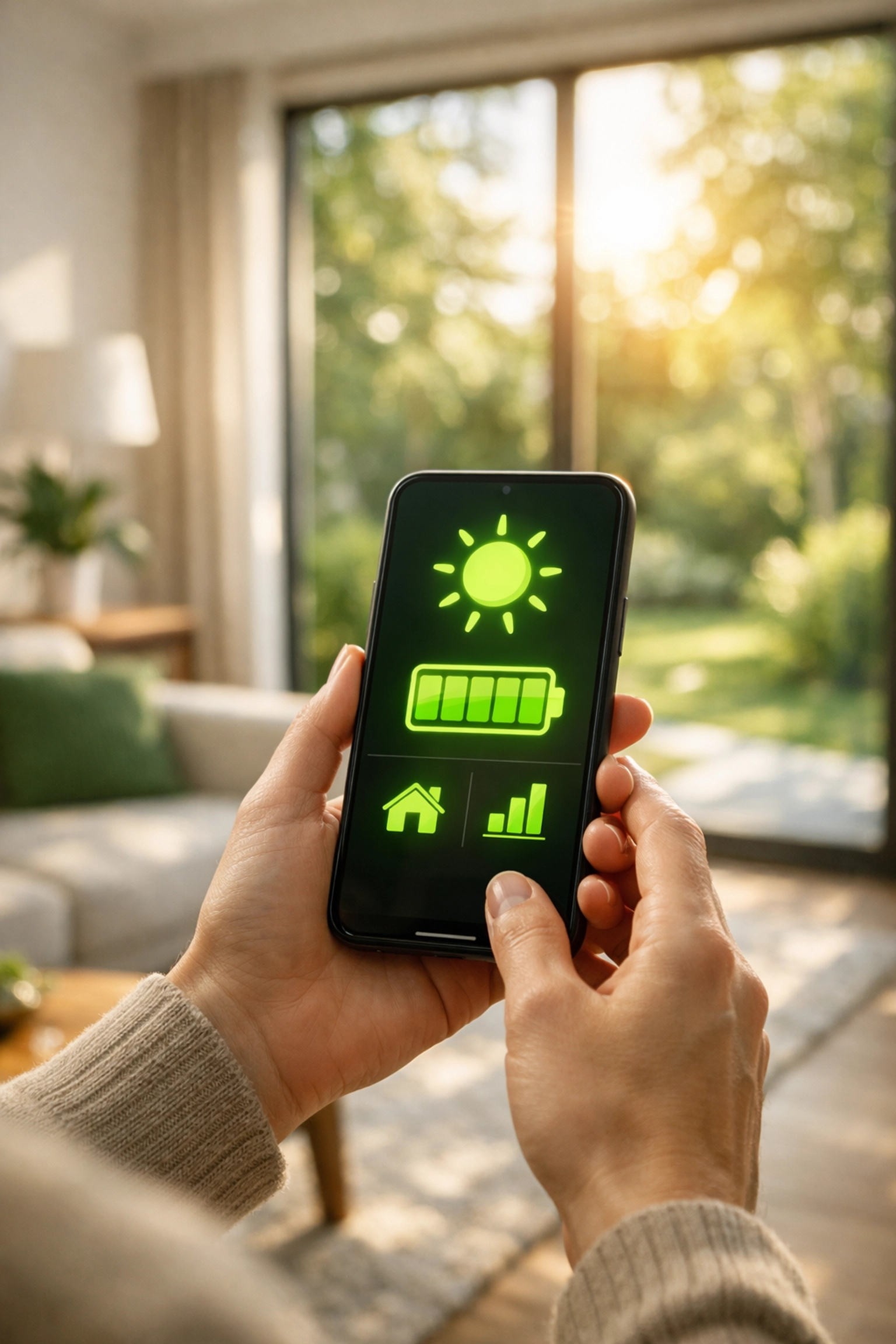 Homeowner monitoring solar energy production and battery levels on a smartphone app for self-sufficiency.