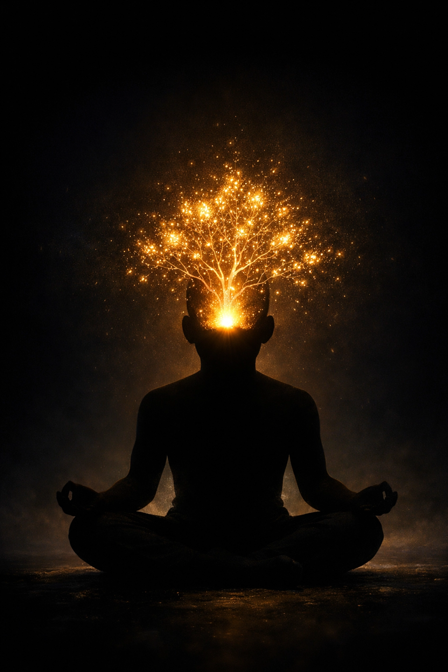 A meditating silhouette showing a glowing tree in the brain, representing creative focus after a dopamine fast.