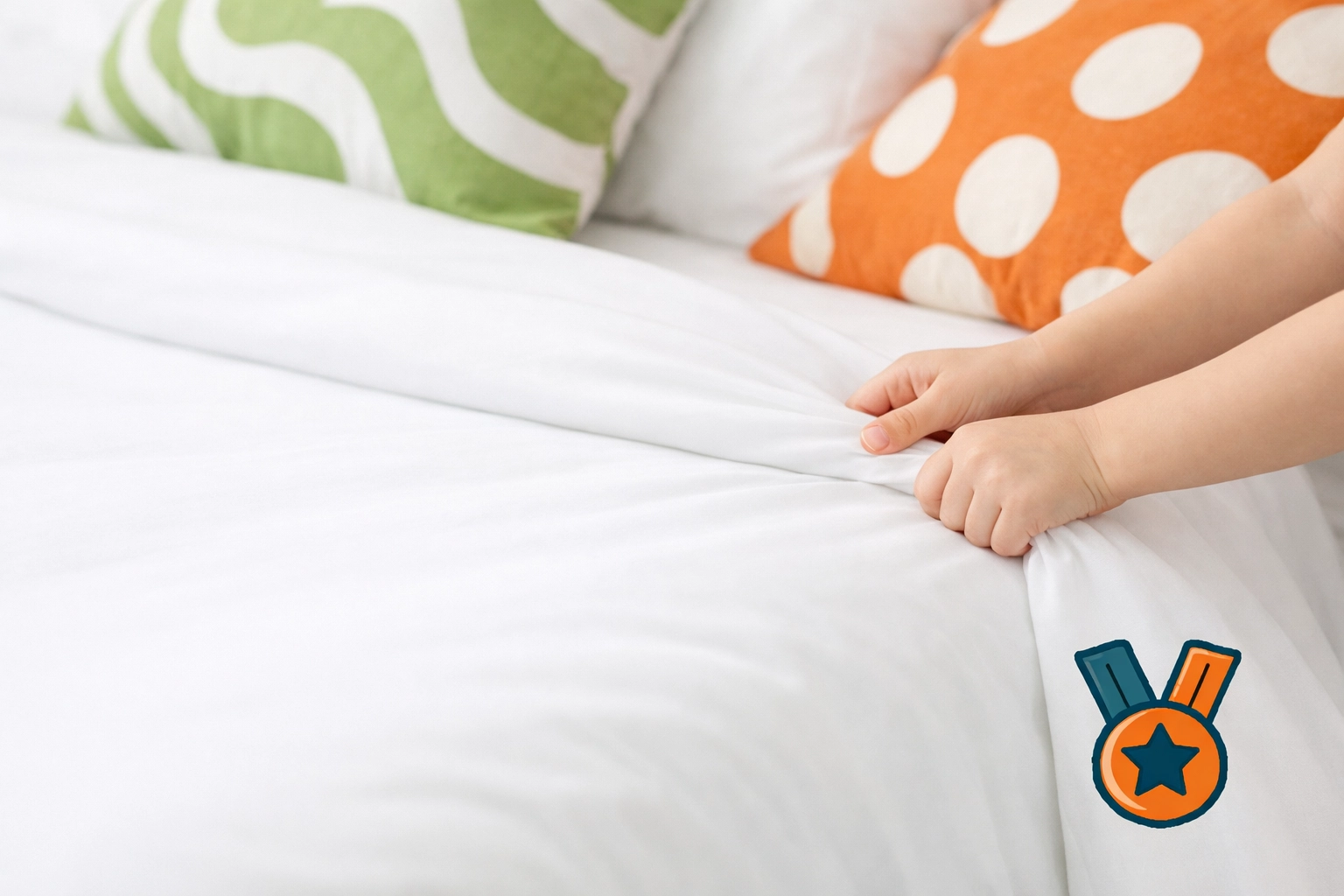 A child neatly making their bed, demonstrating personal responsibility and completion of morning tasks.