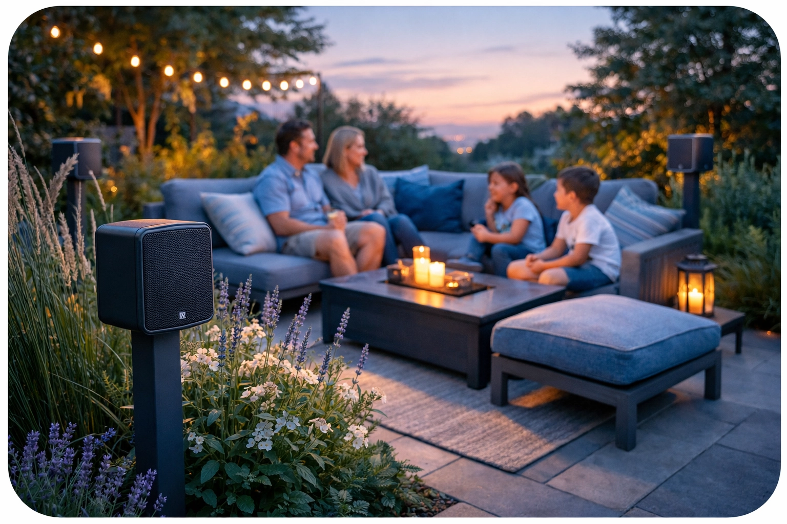 Modern garden patio with weatherproof outdoor speakers and family relaxing
