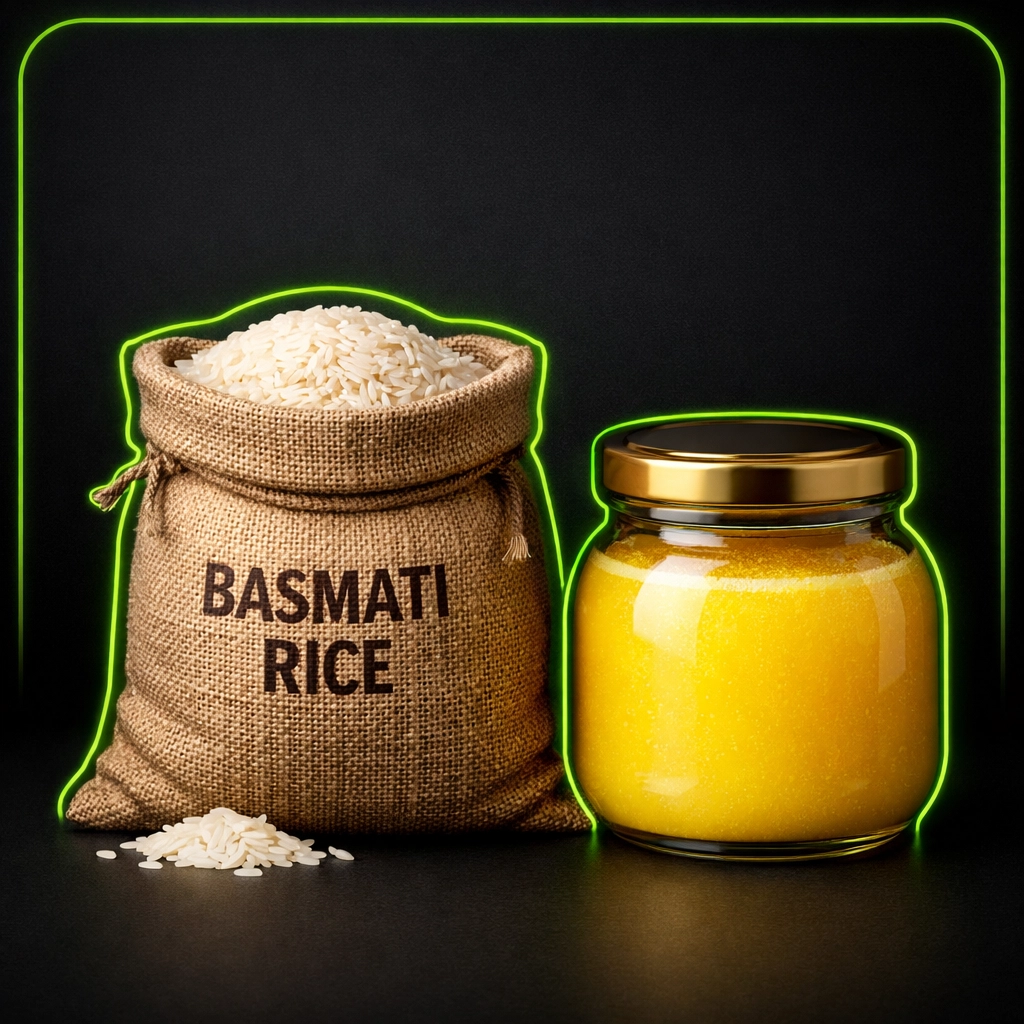 Essential Indian grocery staples like Basmati rice and ghee at Curry Cart in Jefferson City.