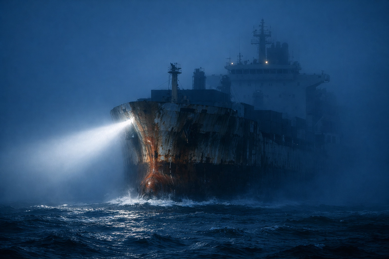 A cargo ship in thick ocean fog illuminated by a searchlight representing a shadow fleet vessel.