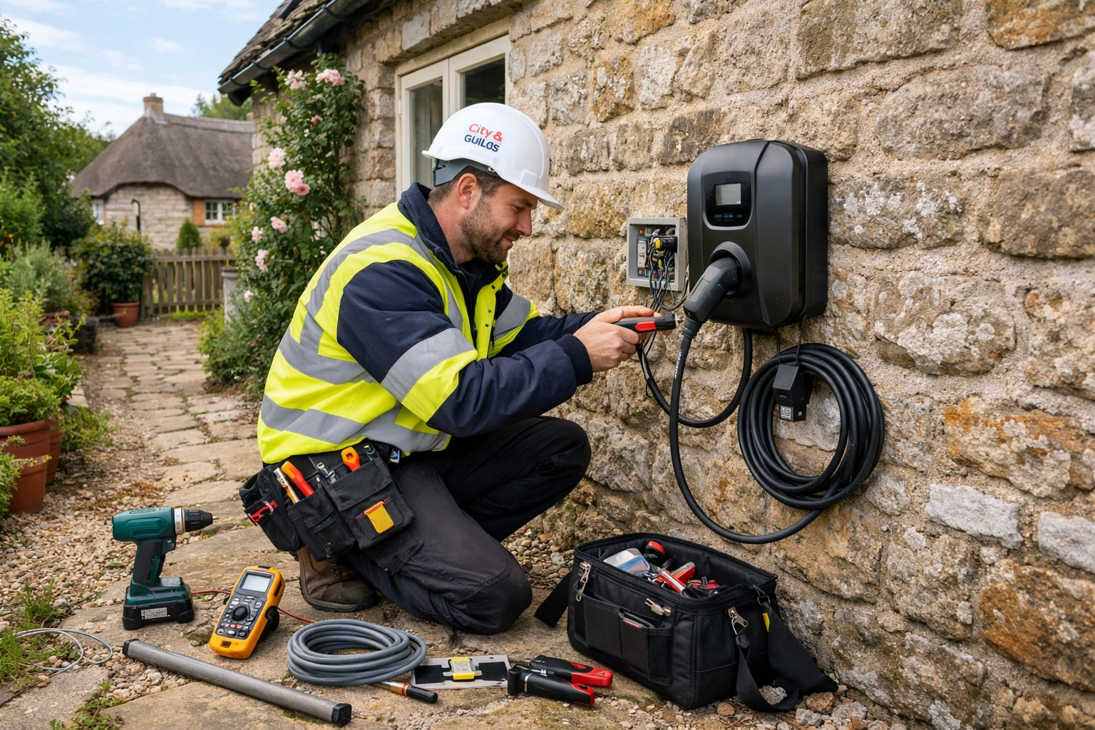 Qualified electrician installing EV charger on Dorset stone cottage wall