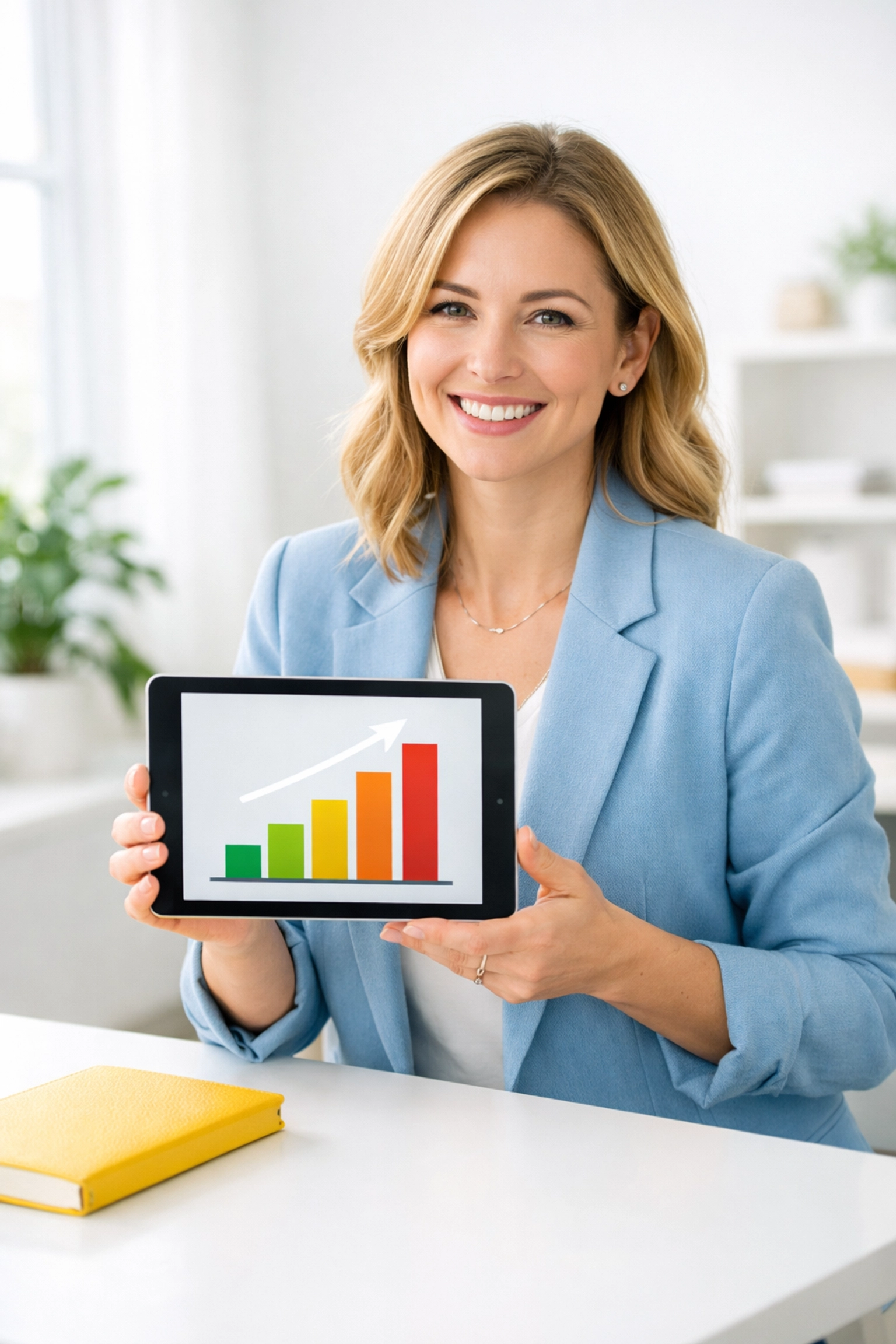 Professional woman tracking engagement metrics and fundraising growth on a digital tablet.