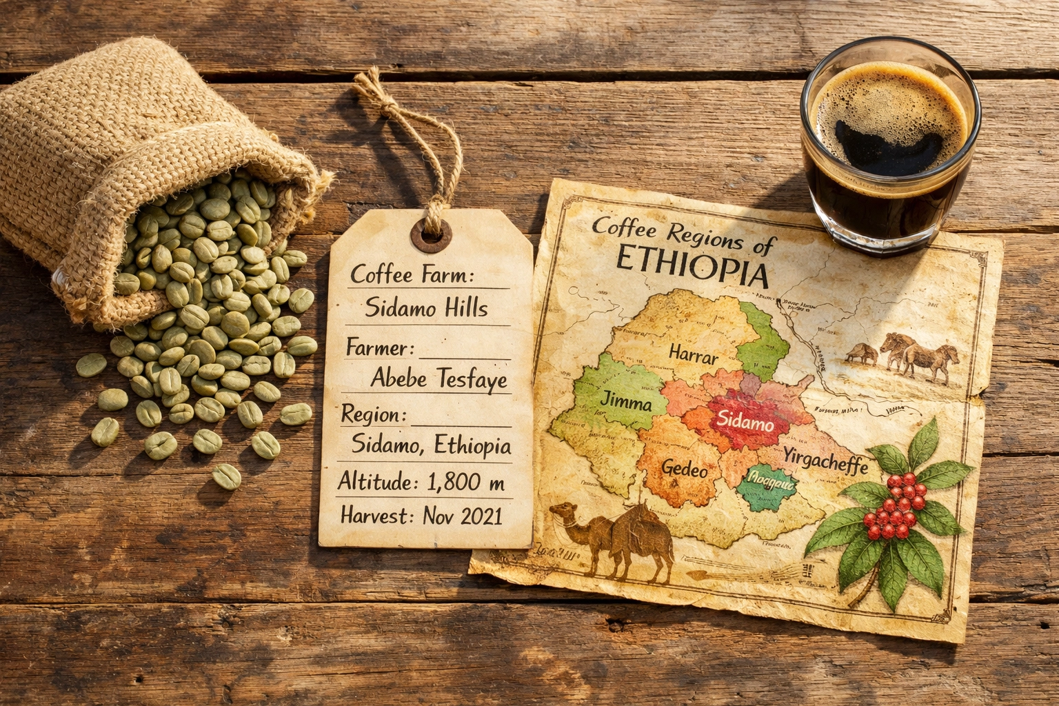 Ethiopian coffee origin traceability display with green beans and farm documentation