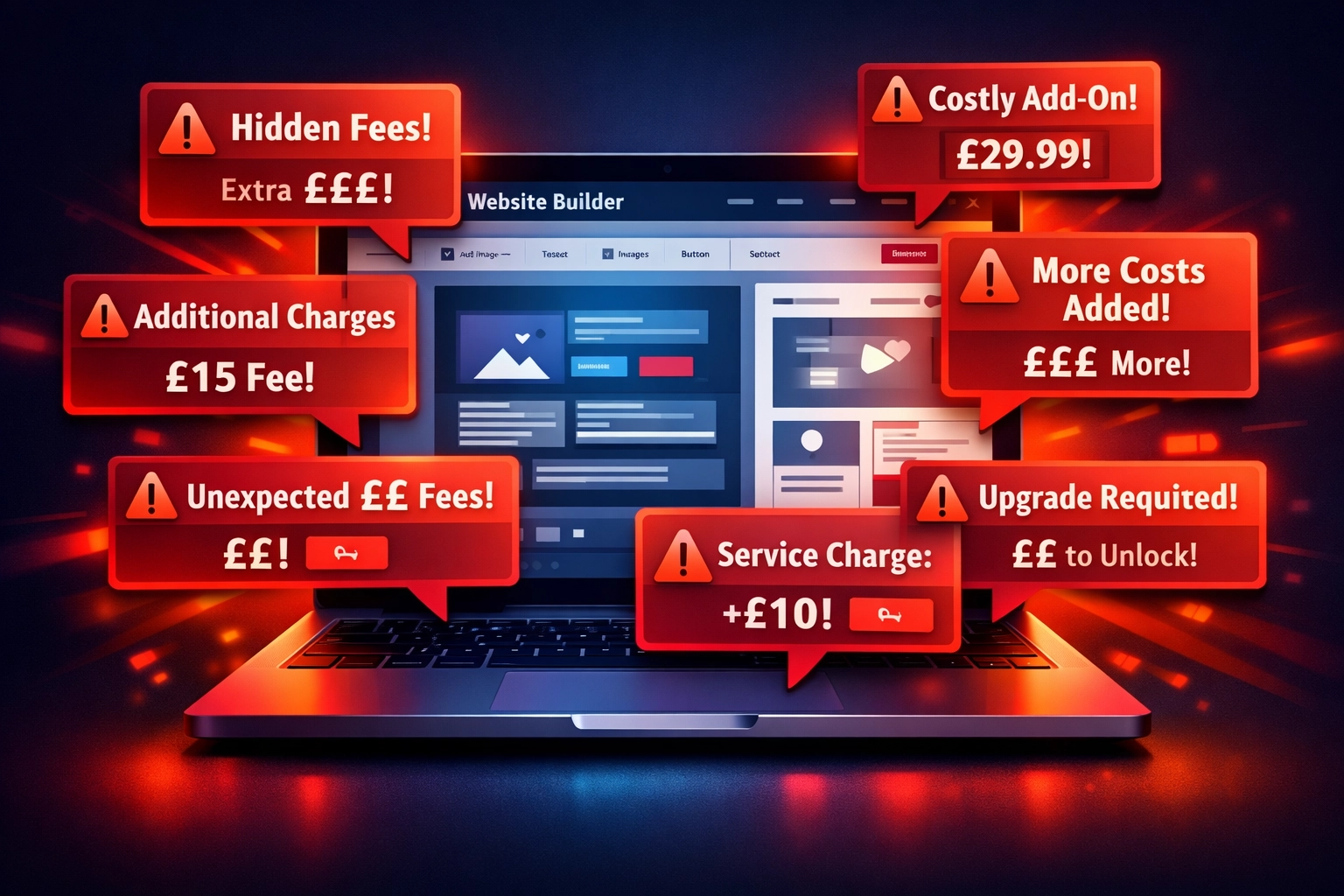 Hidden website fees mounting up with multiple cost notifications on a budget website builder platform