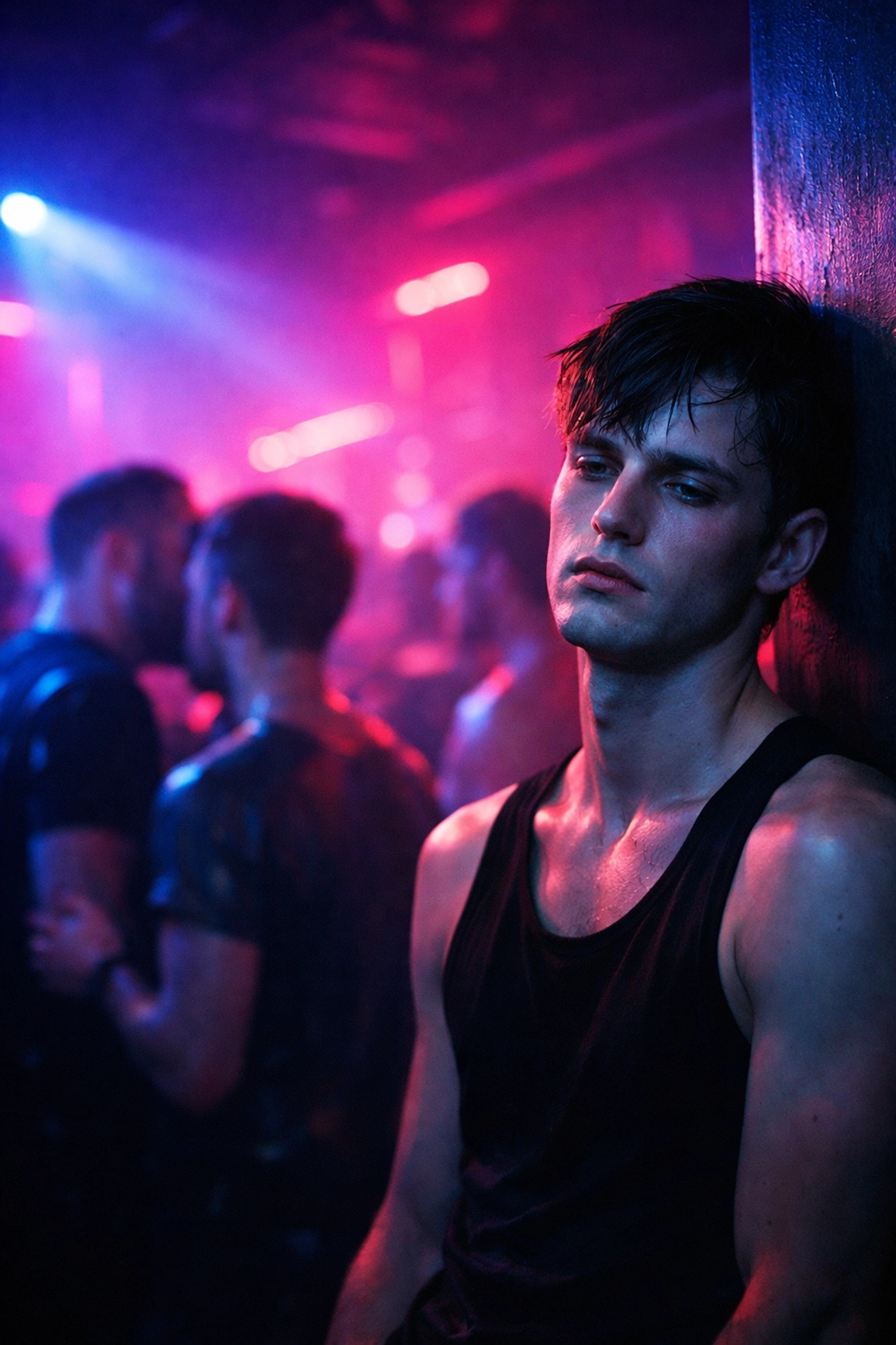 Pale young man isolated in a neon nightclub, reflecting the dark side of the gay party scene and addiction.