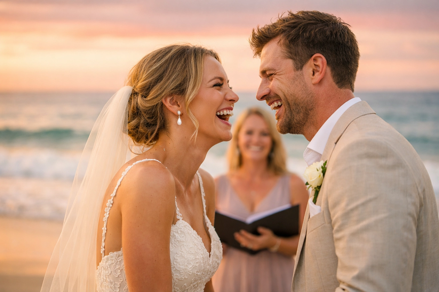 Bride and groom laughing during Gold Coast beach wedding ceremony with celebrant
