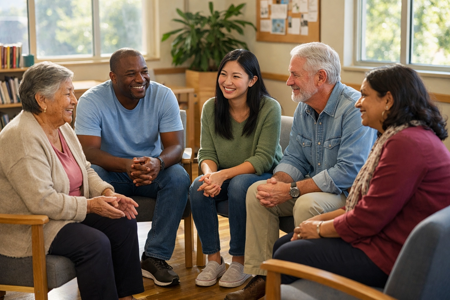 Diverse community support group meeting in circle for mental health and social connection