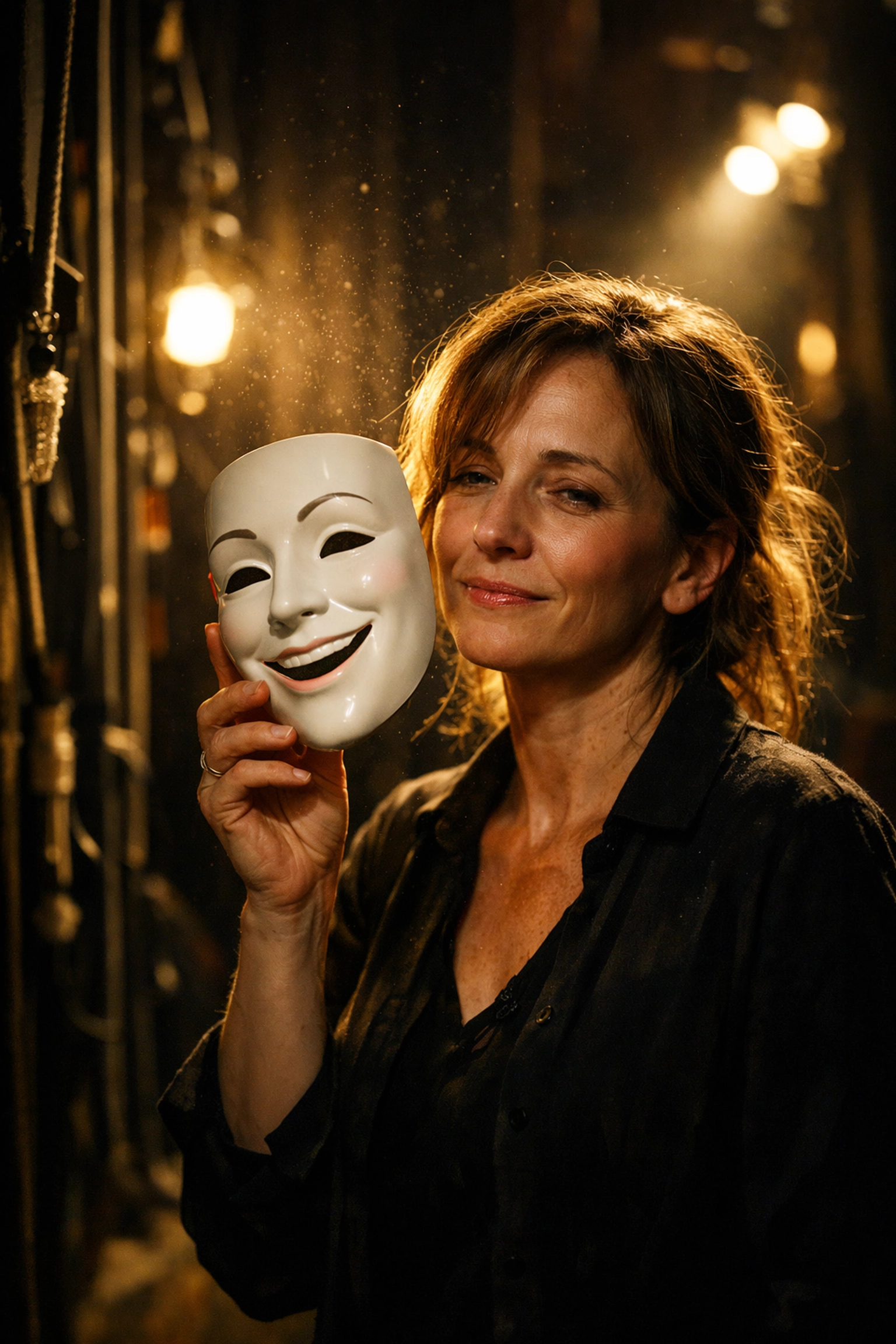 Woman in her 40s removing a mask, representing the shift away from self abandonment and performance in midlife.