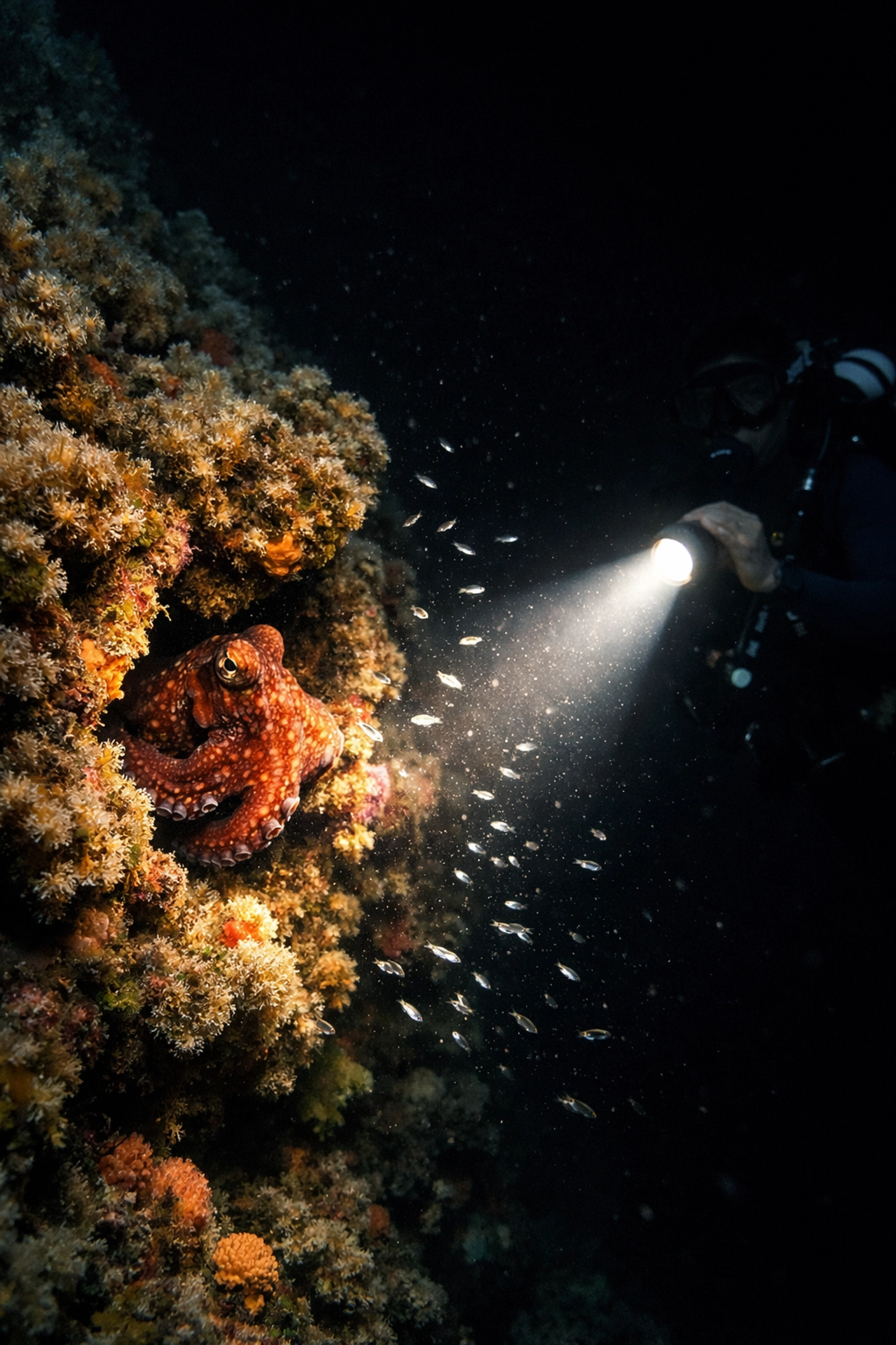 Night diver's light illuminating octopus on coral reef wall in Puerto Rico