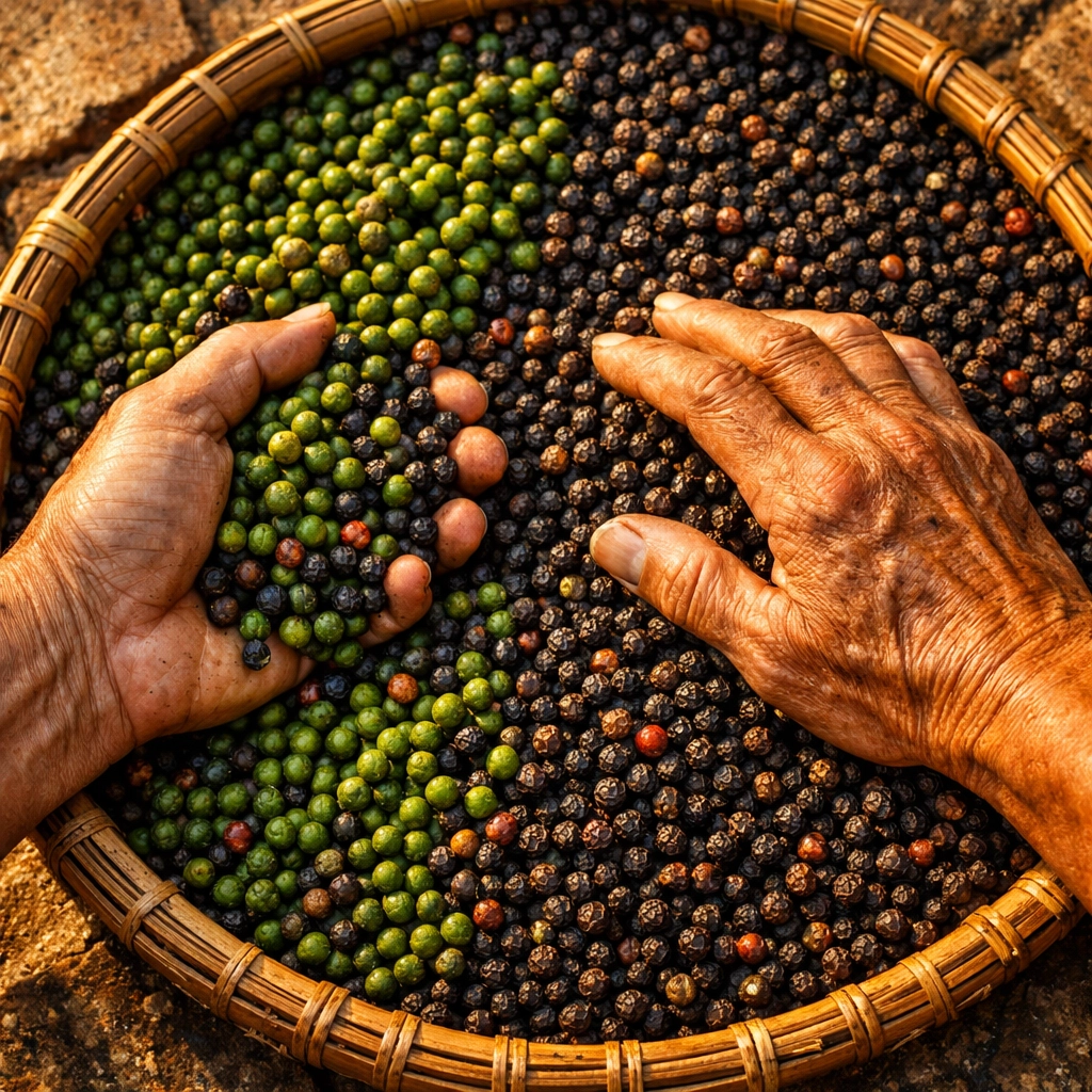 Traditional sun-drying of high-quality black pepper berries at a spice farm in Kerala, India.