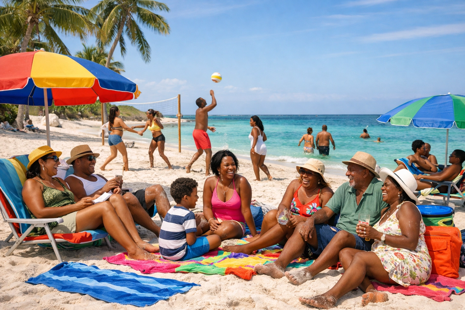 Diverse families and friends enjoying group beach vacation with activities and relaxation