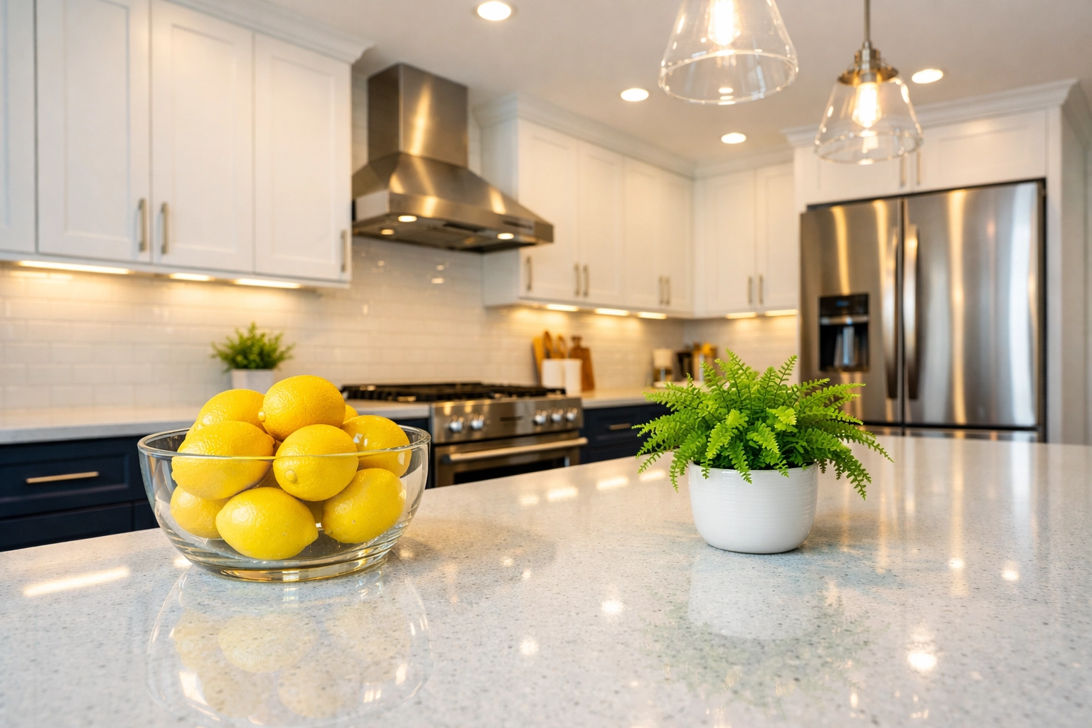 Eco-friendly deep cleaning in Wellesley MA result in a modern kitchen with spotless quartz countertops and cabinets.
